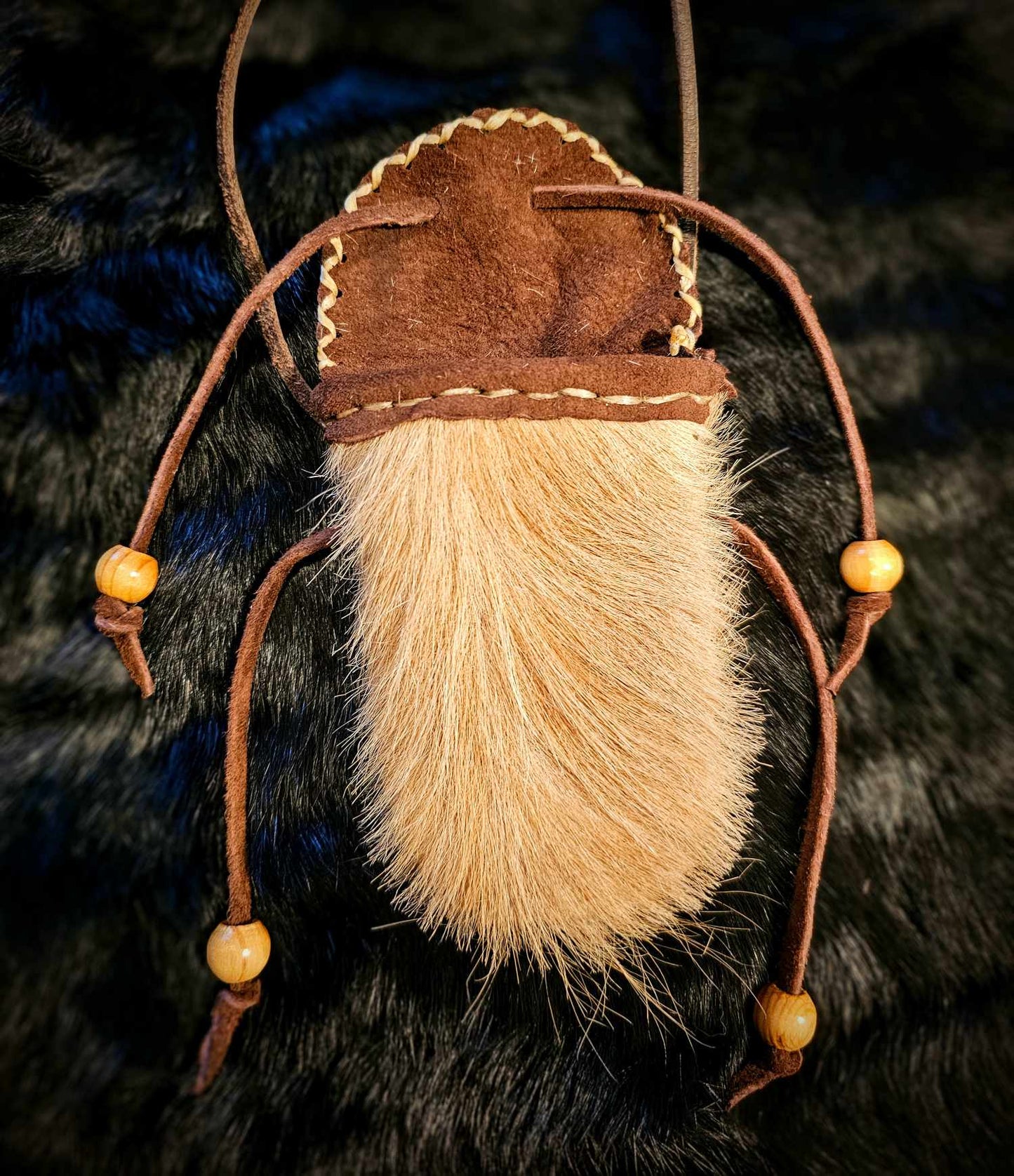 Hair On Cowhide and Suede Leather Pouch With Wood Beads