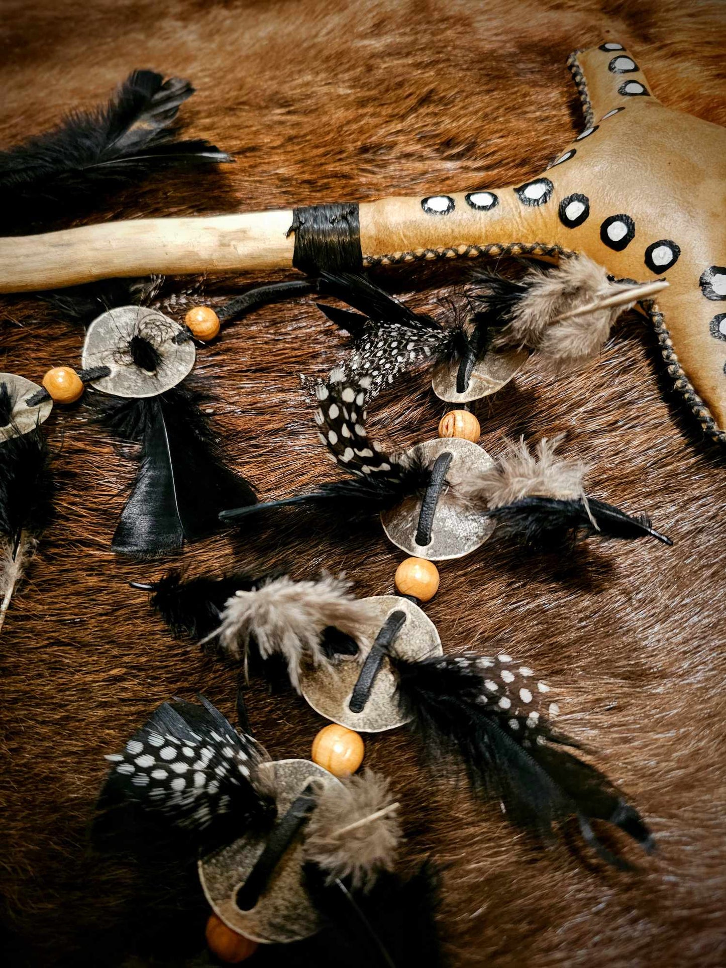 'Four Winds' Elk Skin Medicine Rattle With Spotted Guinea Feathers