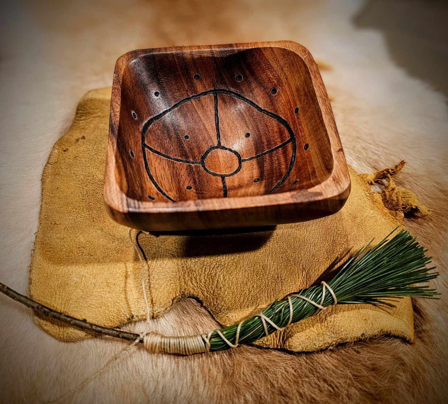 Sunwheel Wood Hand Burned Square Bowl