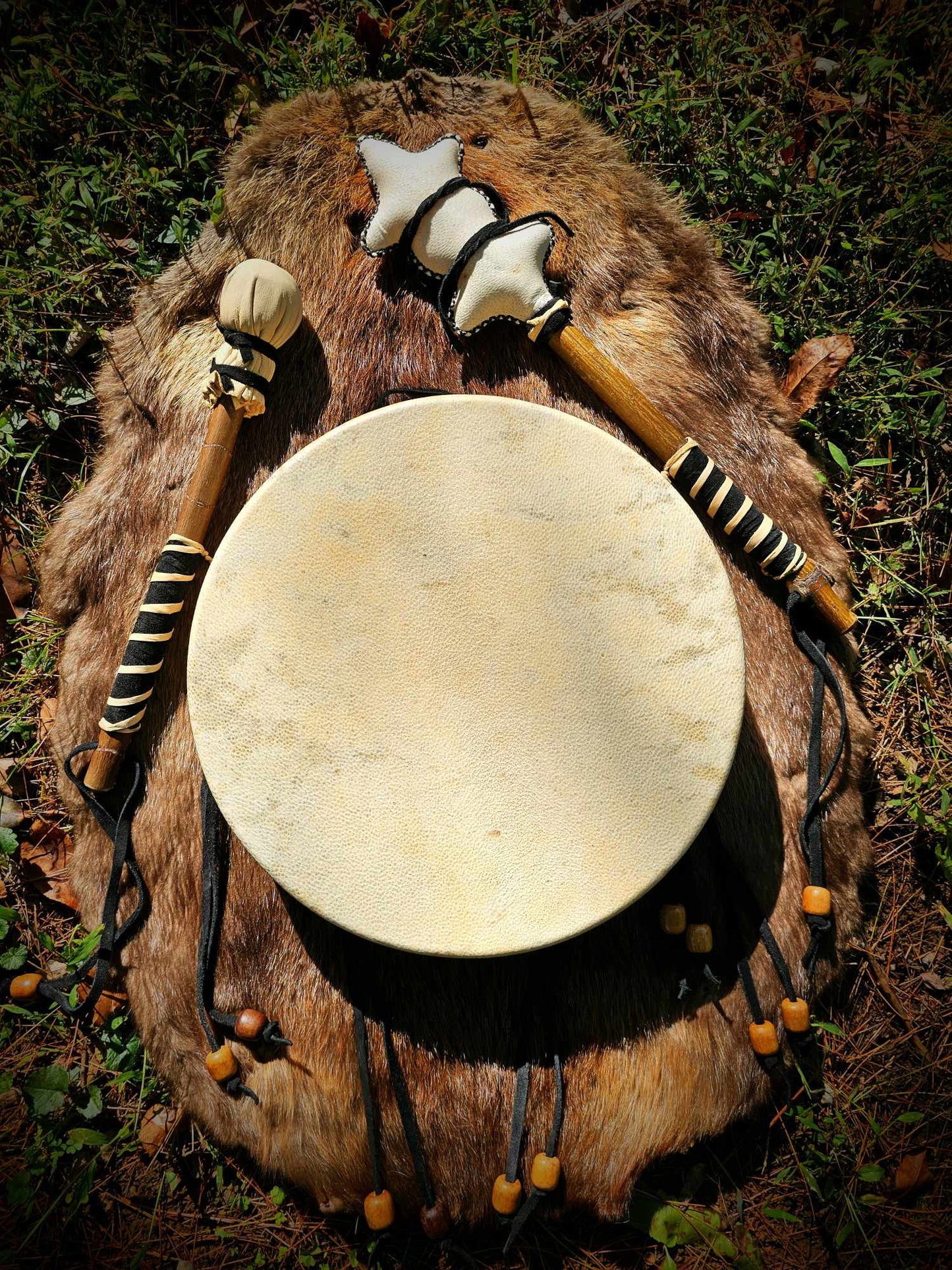 Bear Hide Drum, Beater, and Rattle With Leather Grips