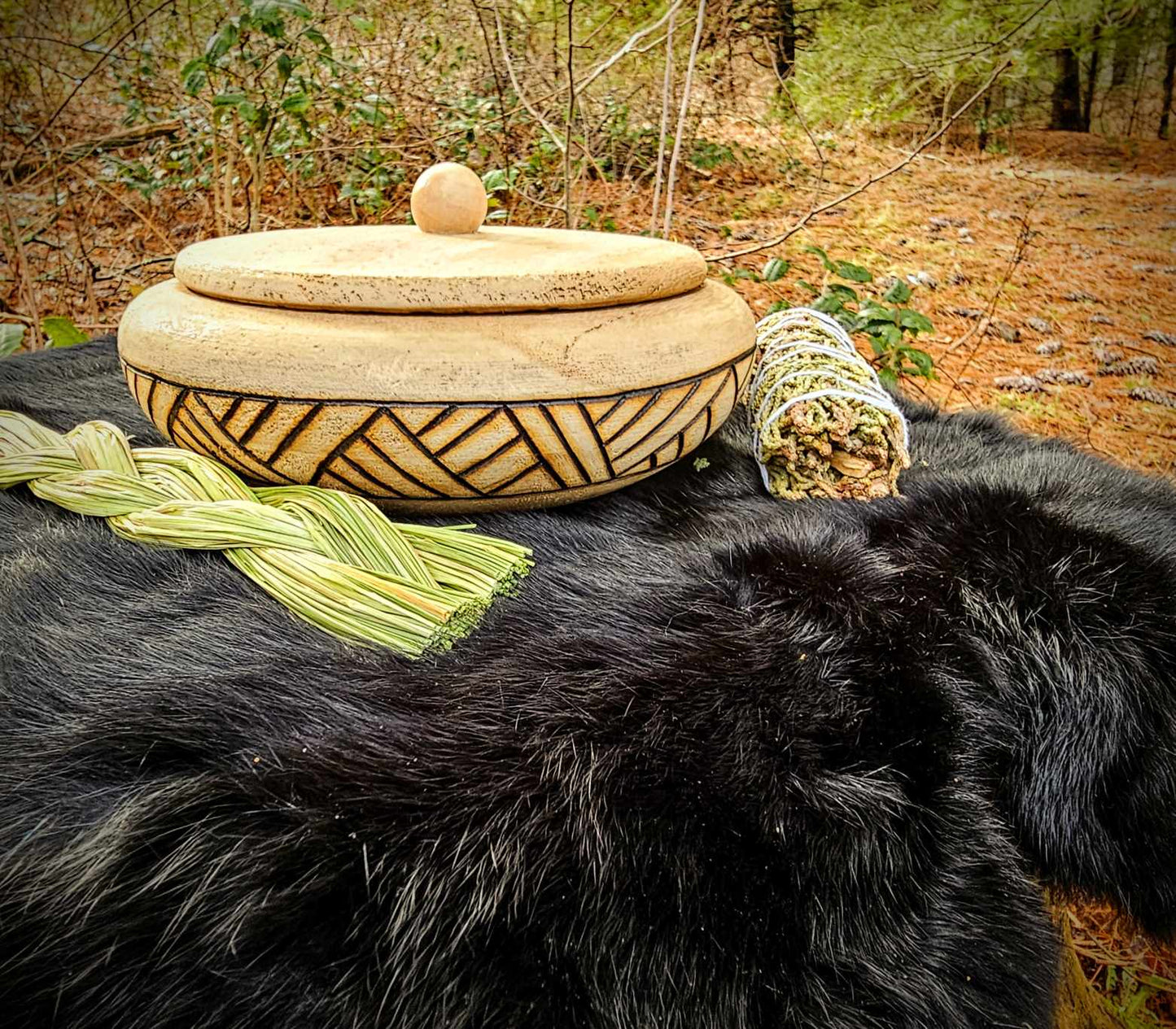 Hand Burned Woven Band Bowl With Lid