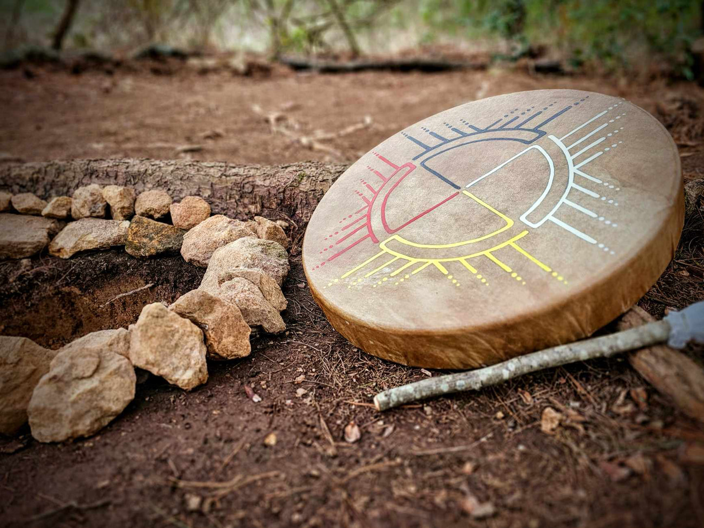 20" Bison Hide Drum With Beater | Hand Painted Four Directions Medicine Wheel Art