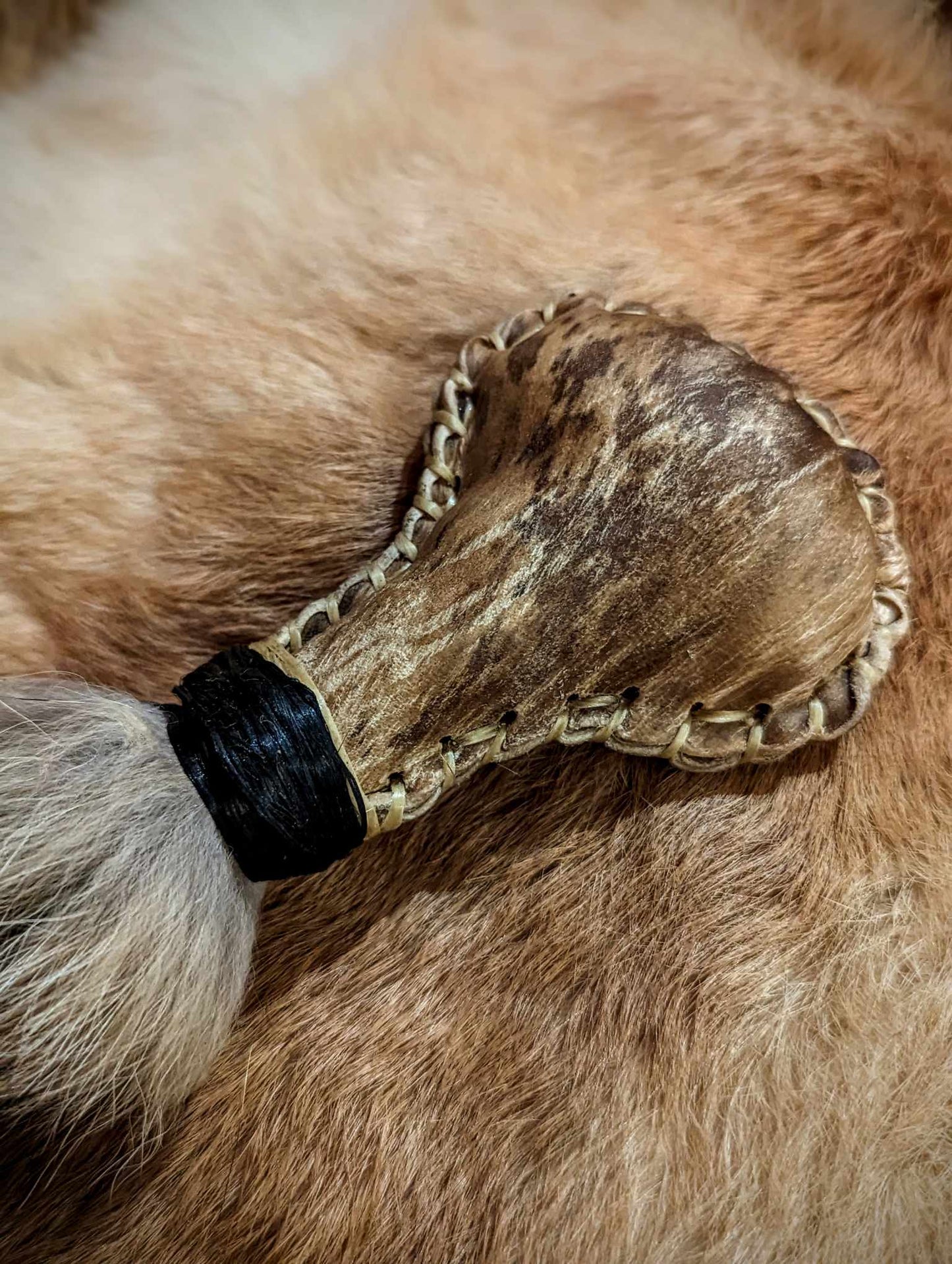 Hand Burned Holly Engraved Deer Hide Coyote Fur Shaman Rattle