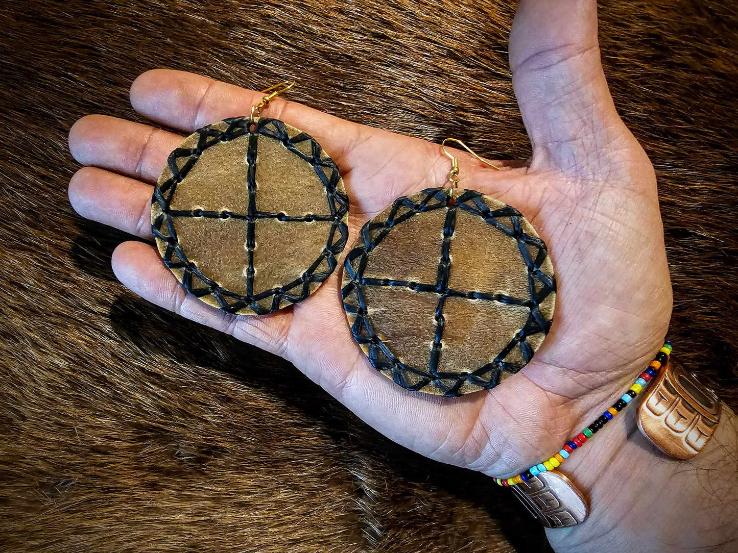 Elk Hide Sun Disc Sinew Threaded Earrings