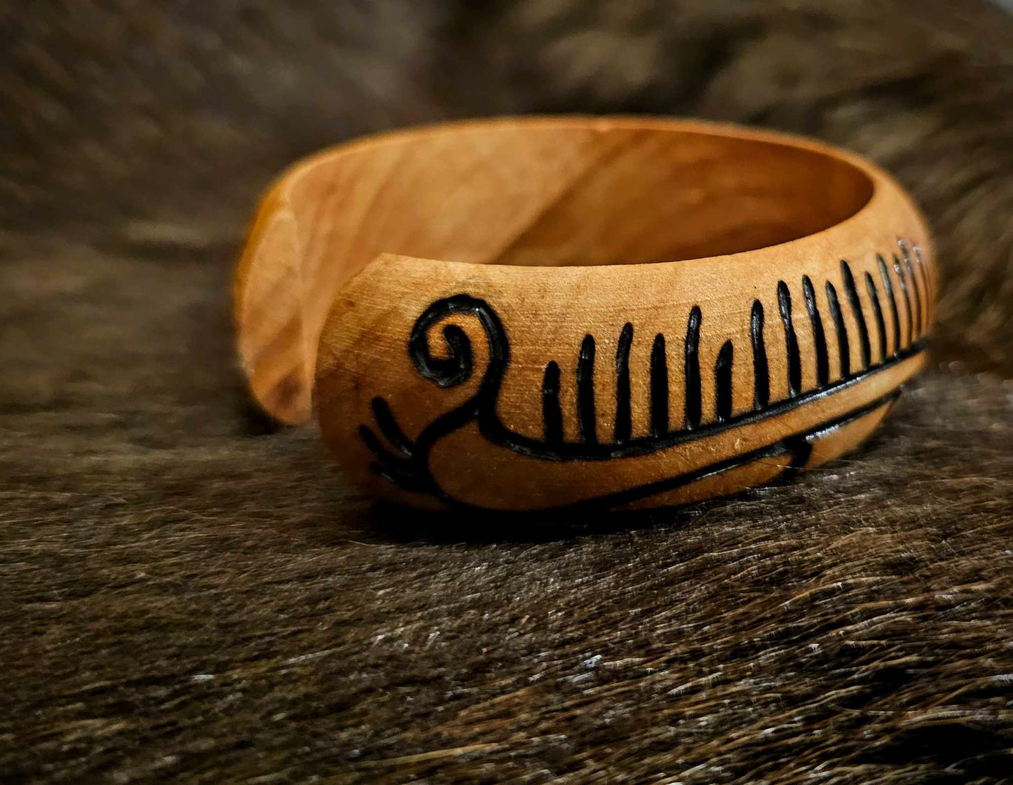 Beechwood Hand Burned Petroglyph Viking Ship And Sunwheel Bracelet