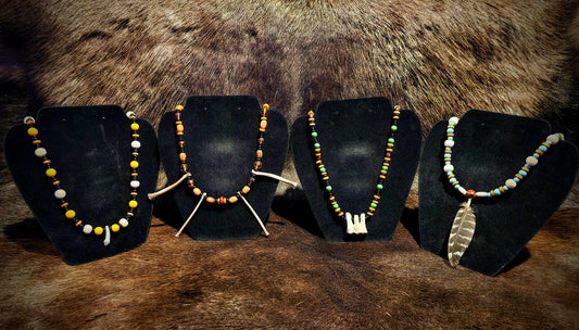 Nature Coyote Elk Tooth Bone and Feather Necklaces