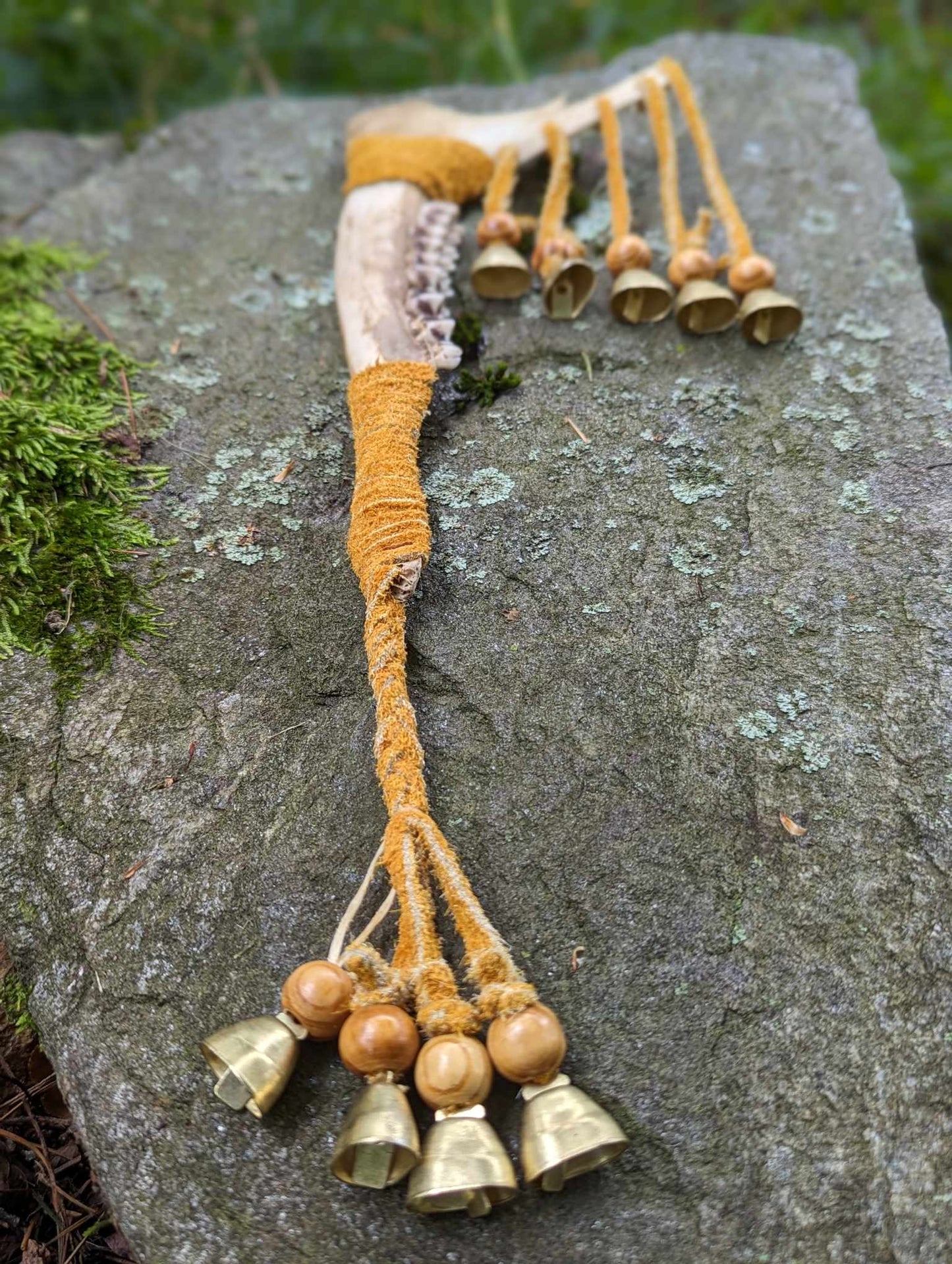 Deer jaw, buckskin, wood bead, 9 bells meditation rattle