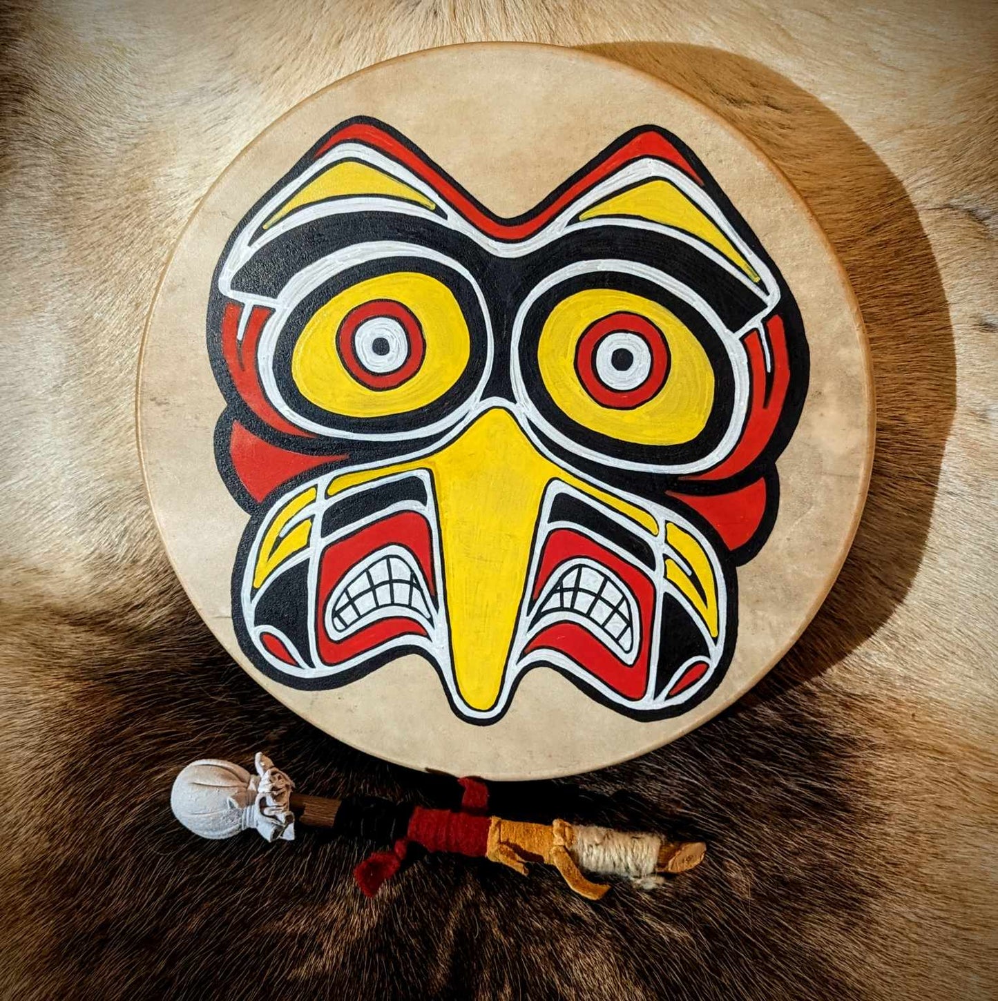 14 Inch Bird Mask Hand Painted Deer Hide Shaman Drum