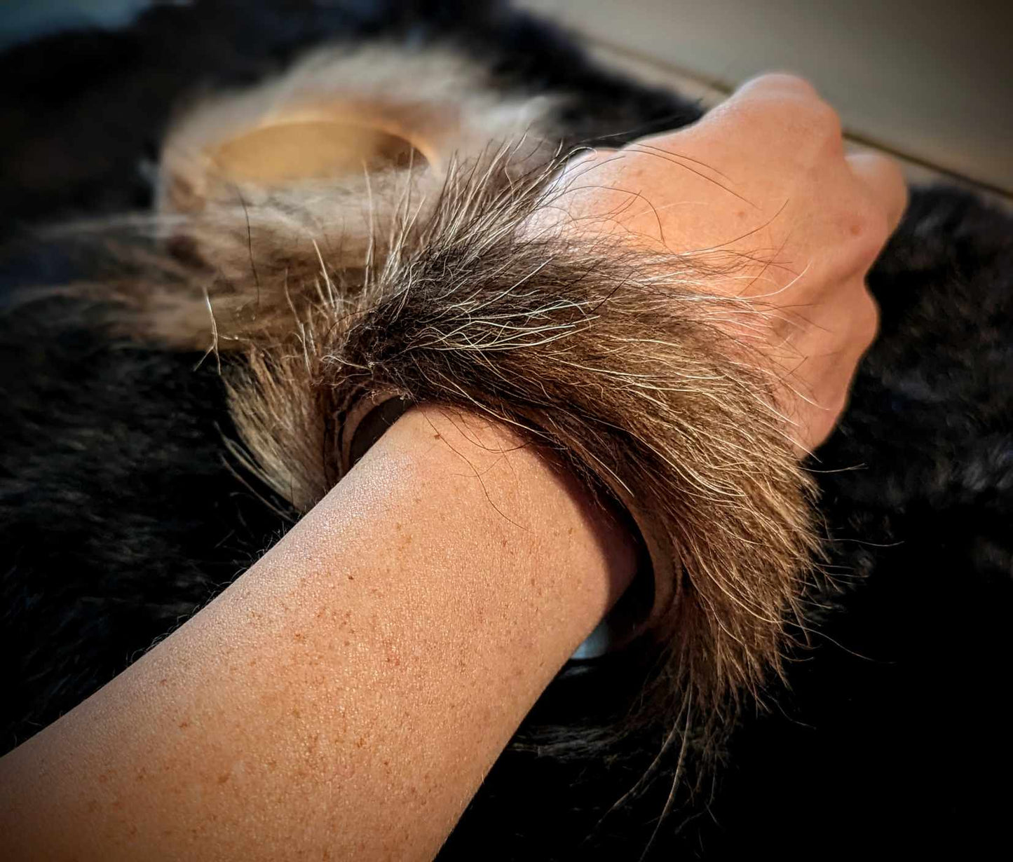 Wolf Fur And Wood Bangle Cuffs