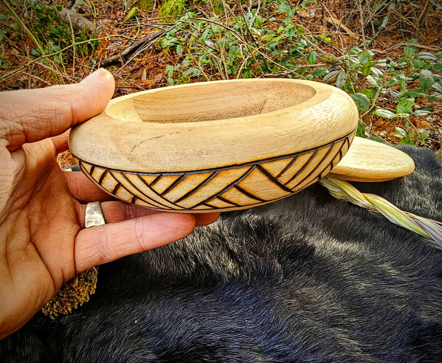 Hand Burned Woven Band Bowl With Lid