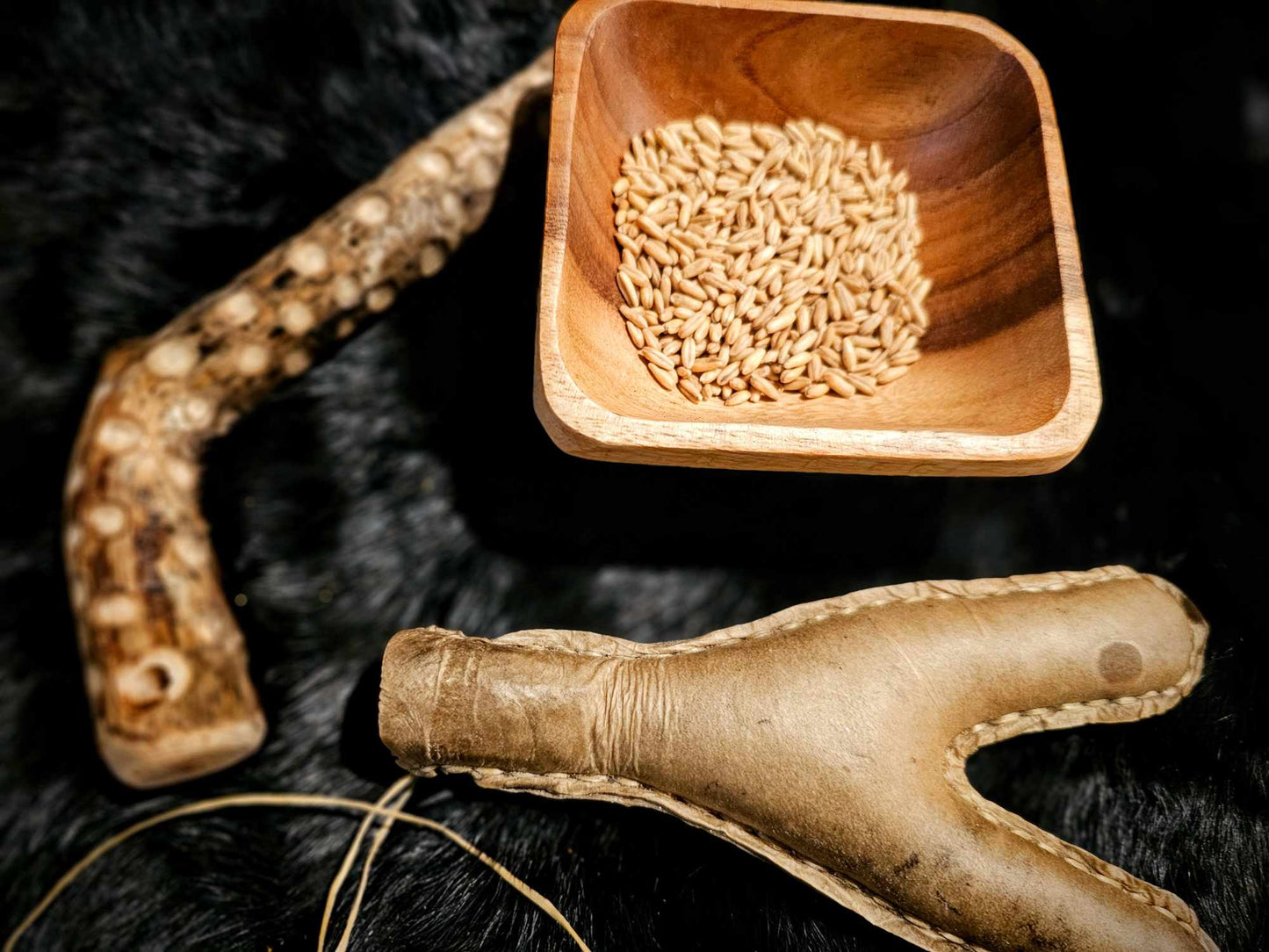 Elk Hide Coyote Fur Black Locust and Buckskin Y Shaped Meditation Rattle
