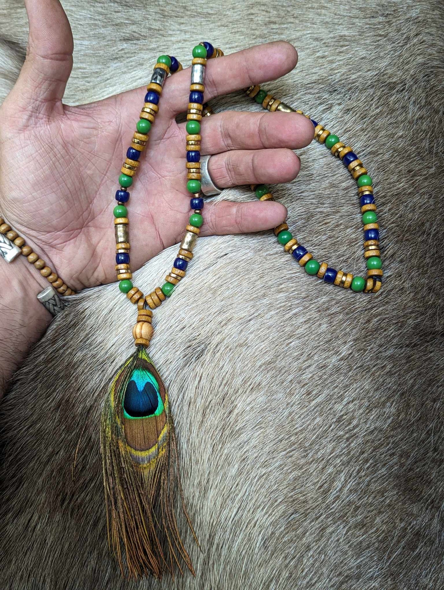 Wood, Green & Blue Glass and Metal Beaded Peacock Feather Necklace