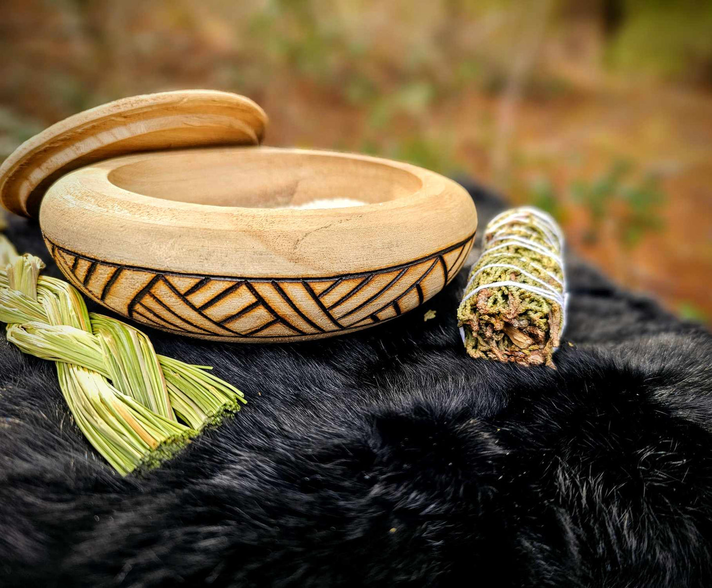 Hand Burned Woven Band Bowl With Lid