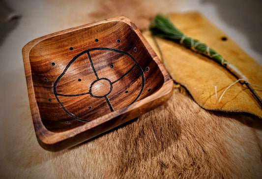 Sunwheel Wood Hand Burned Square Bowl