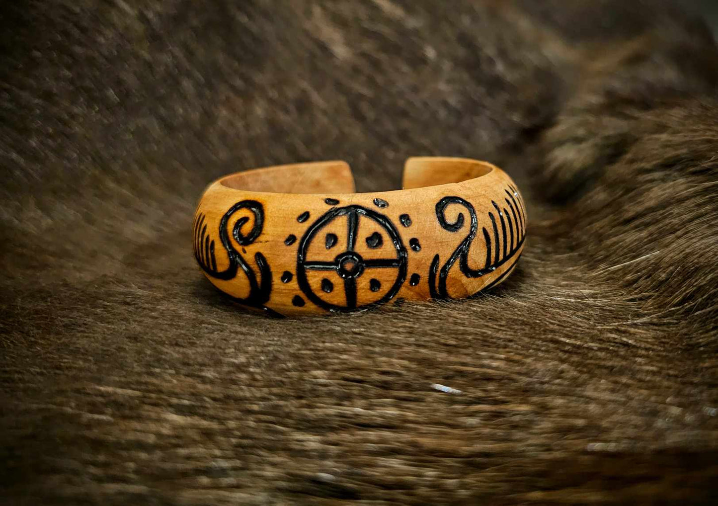 Beechwood Hand Burned Petroglyph Viking Ship And Sunwheel Bracelet
