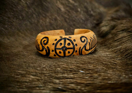Beechwood Hand Burned Petroglyph Viking Ship And Sunwheel Bracelet