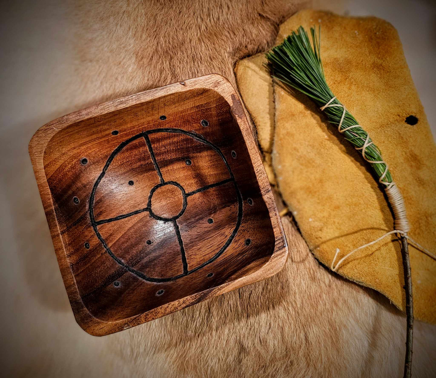Sunwheel Wood Hand Burned Square Bowl