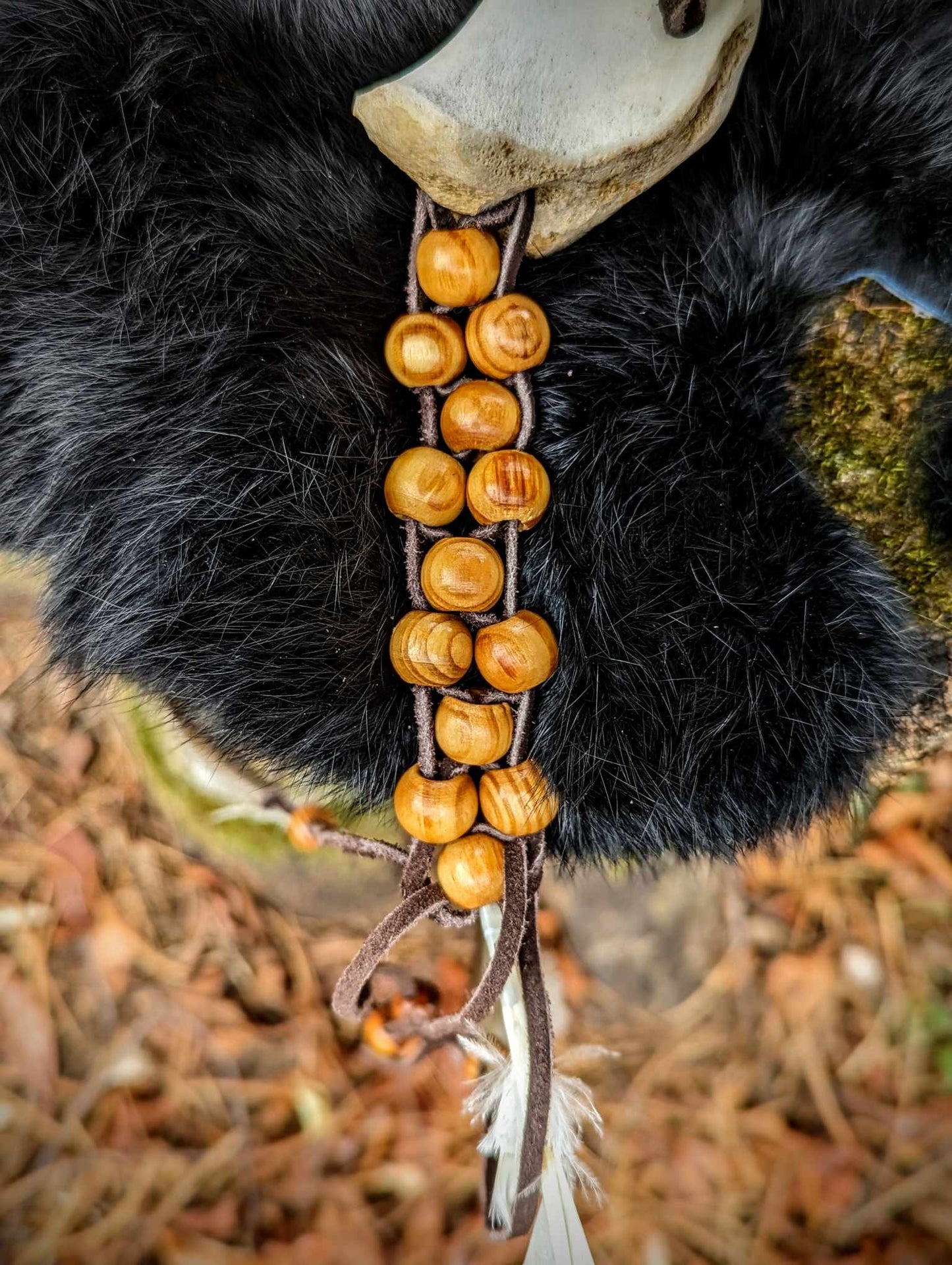 Bear Hide Arrow Shaman Rattle Deer Bone Handle Wood Beaded With Duck Feathers