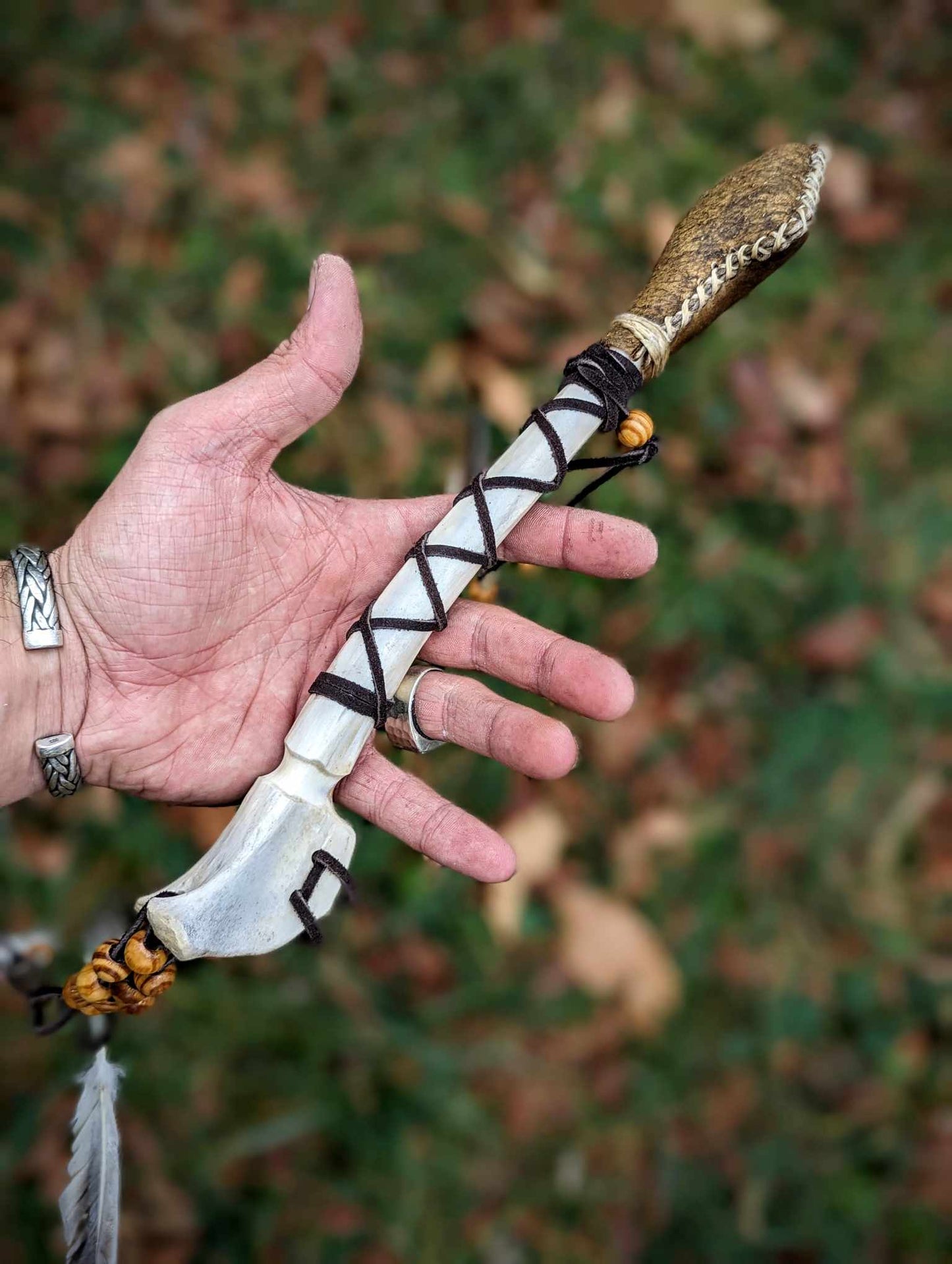Bear Hide Arrow Shaman Rattle Deer Bone Handle Wood Beaded With Duck Feathers
