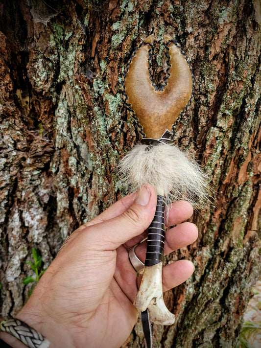 Hoof Shape Bison Hide Coyote Bone Handle Wolf Fur Rattle With Strap