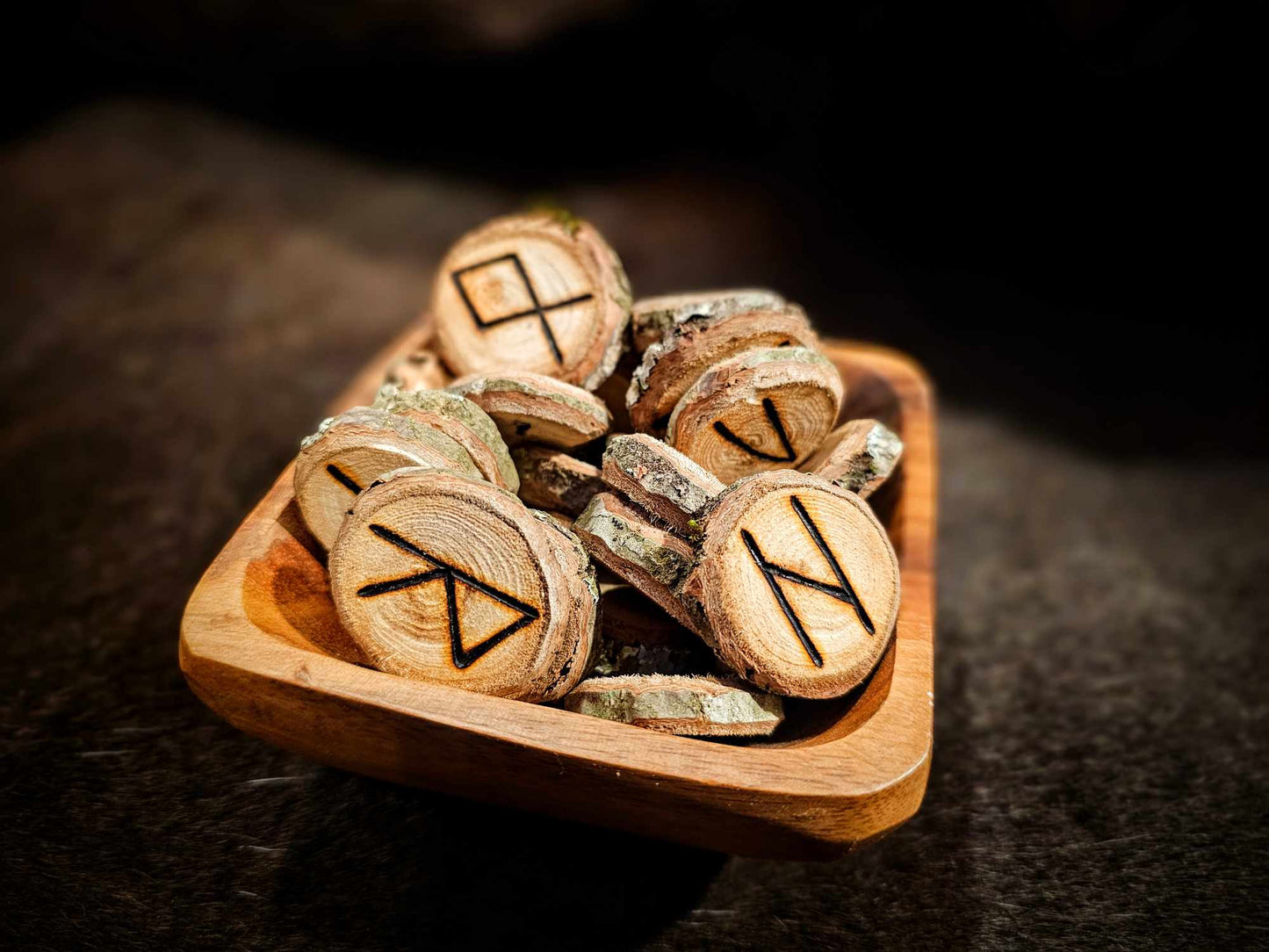 Set of 24 Chestnut Elder Futhark Runes Hand Cut and Burned Natural Wood Runes