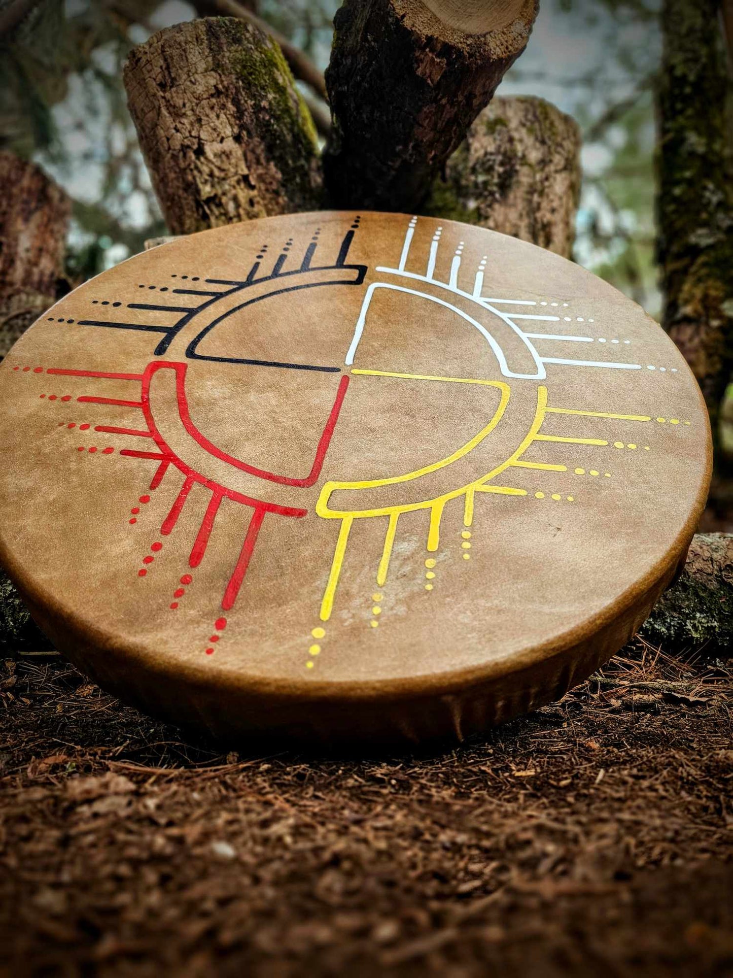 20" Bison Hide Drum With Beater | Hand Painted Four Directions Medicine Wheel Art