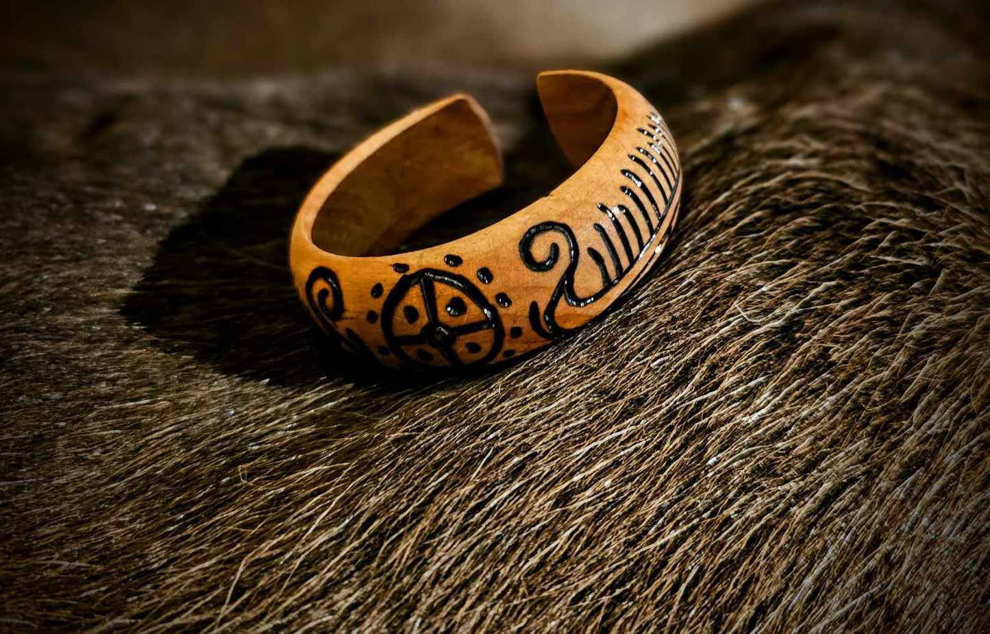 Beechwood Hand Burned Petroglyph Viking Ship And Sunwheel Bracelet