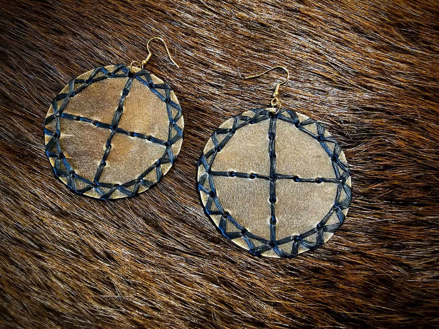 Elk Hide Sun Disc Sinew Threaded Earrings
