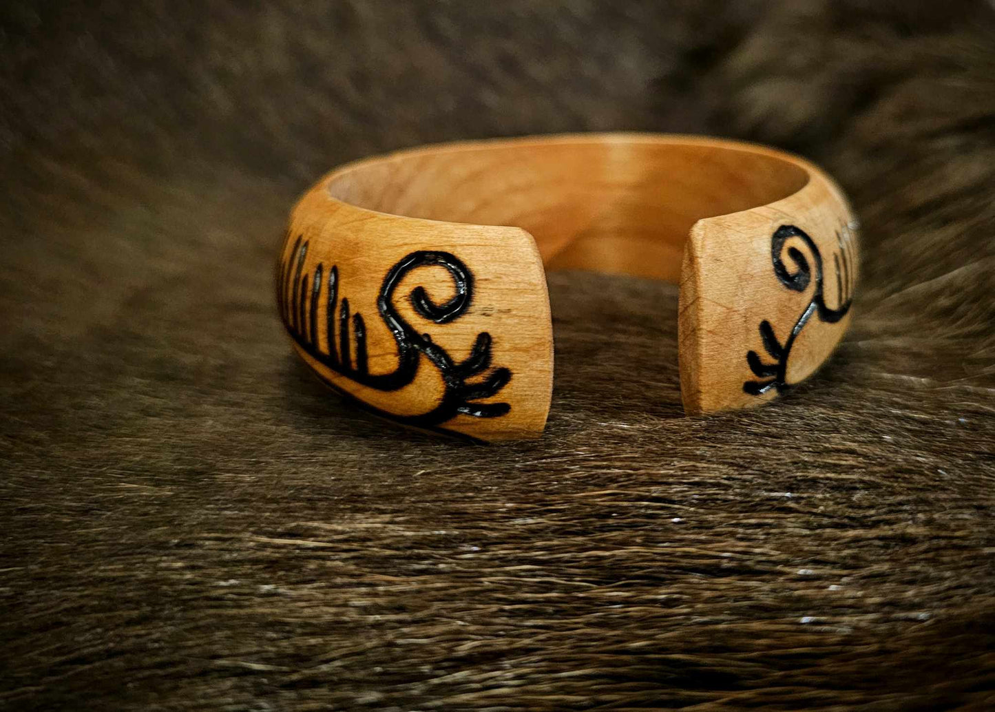 Beechwood Hand Burned Petroglyph Viking Ship And Sunwheel Bracelet