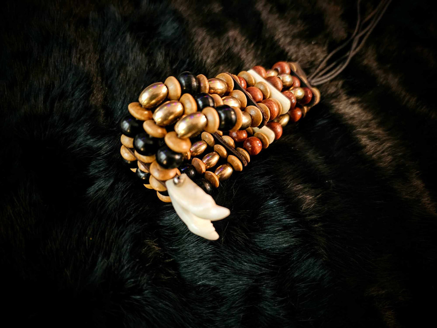 Double Wolf Tooth Beaded Brass, Bone, and Horn Choker Necklace