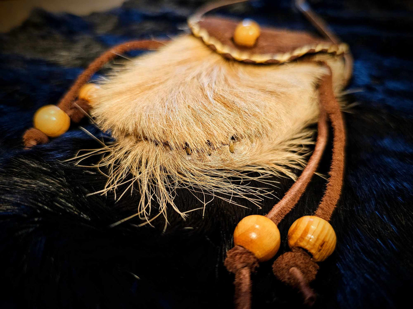 Hair On Cowhide and Suede Leather Pouch With Wood Beads