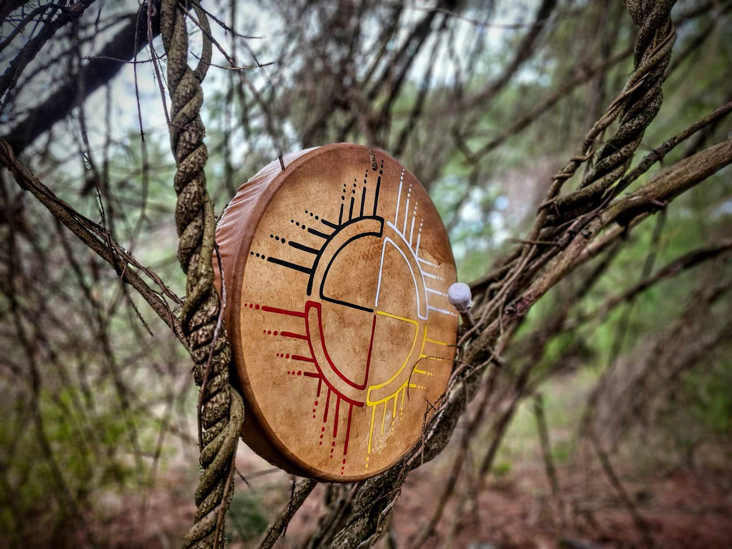 20" Bison Hide Drum With Beater | Hand Painted Four Directions Medicine Wheel Art