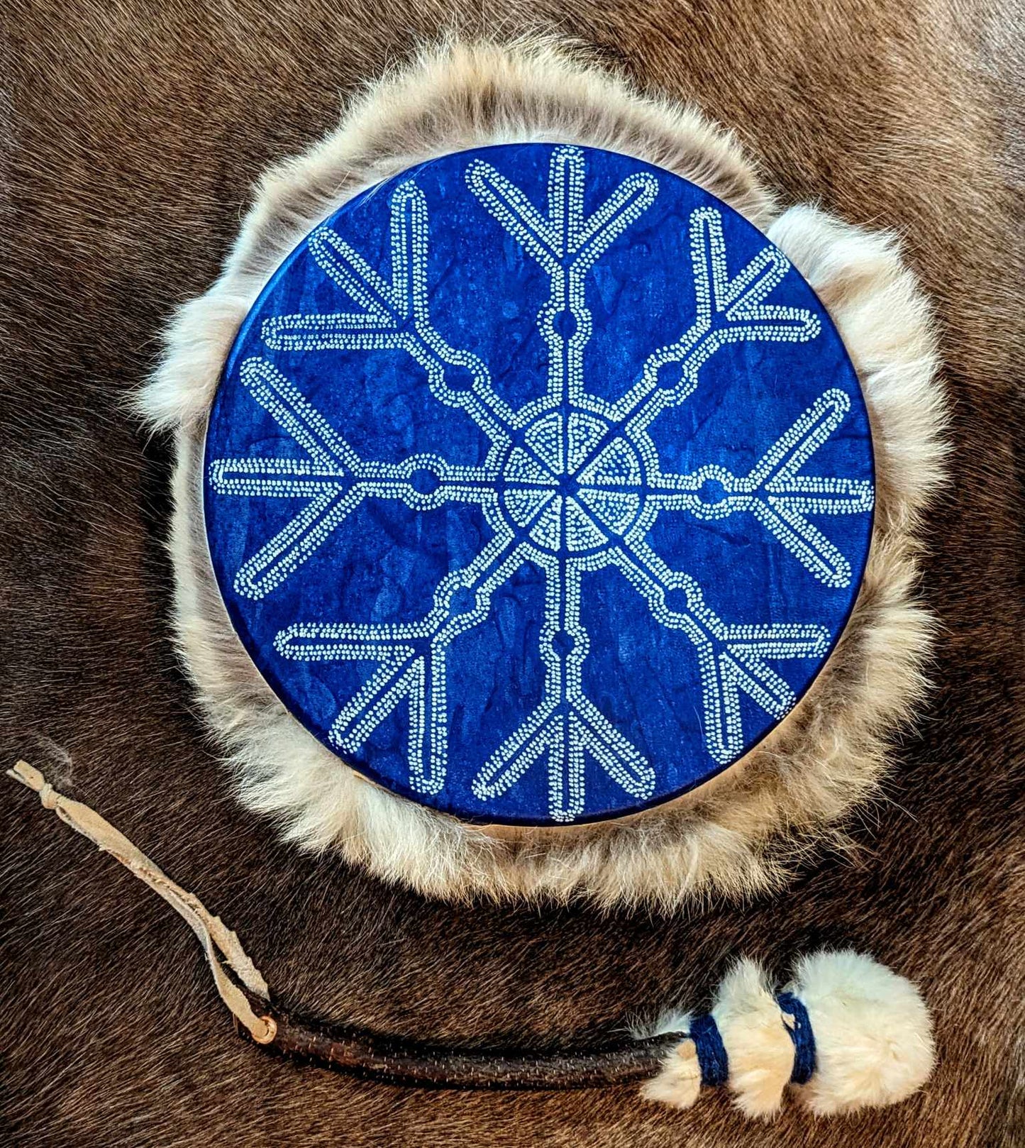 Winter's Ward 12" Deer Hide Drum | Blue Shaman Drum With Coyote Fur and Icelandic Wool
