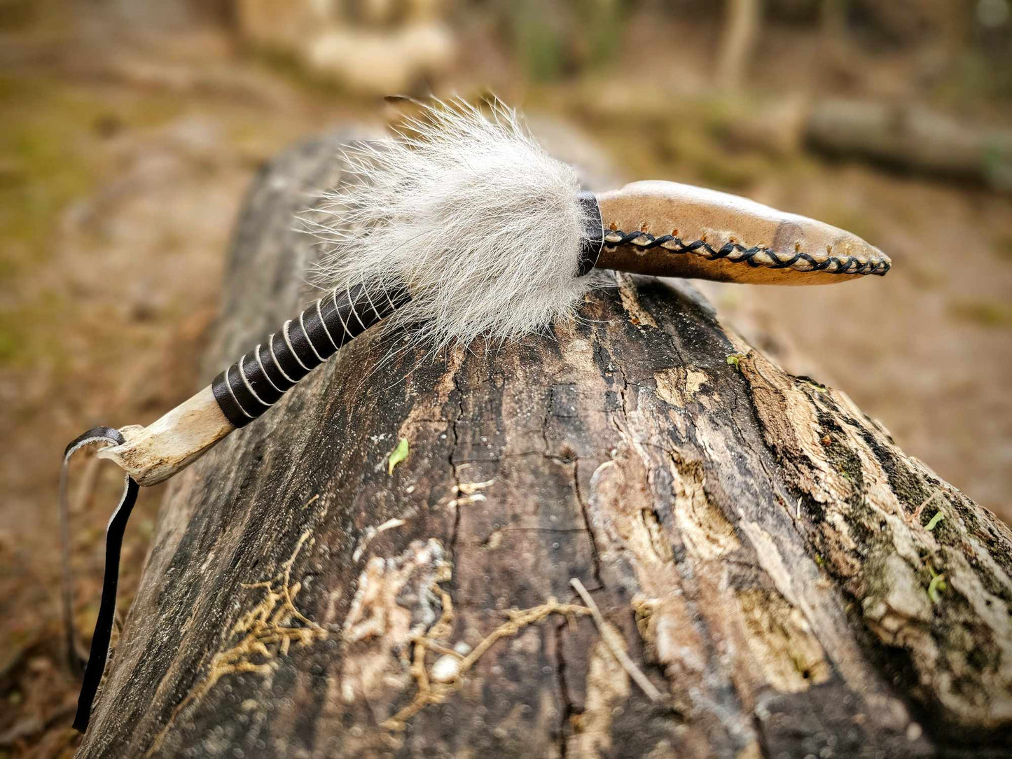 Hoof Shape Bison Hide Coyote Bone Handle Wolf Fur Rattle With Strap