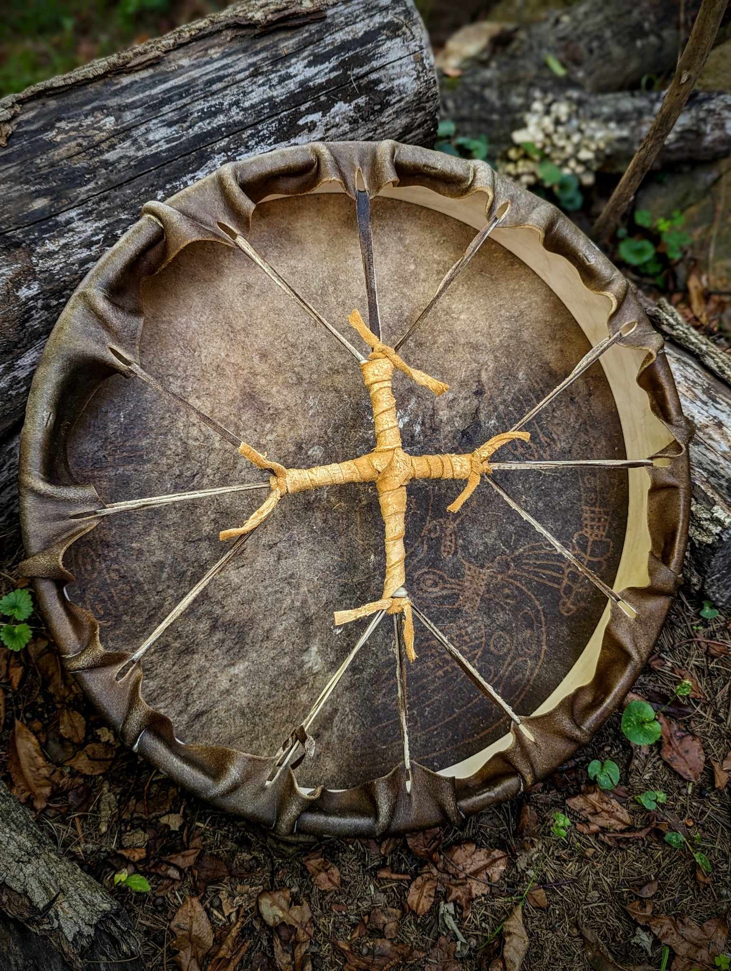 18" Bison Hide Drum | Hand Painted Gold Sunwheel Winged Serpent