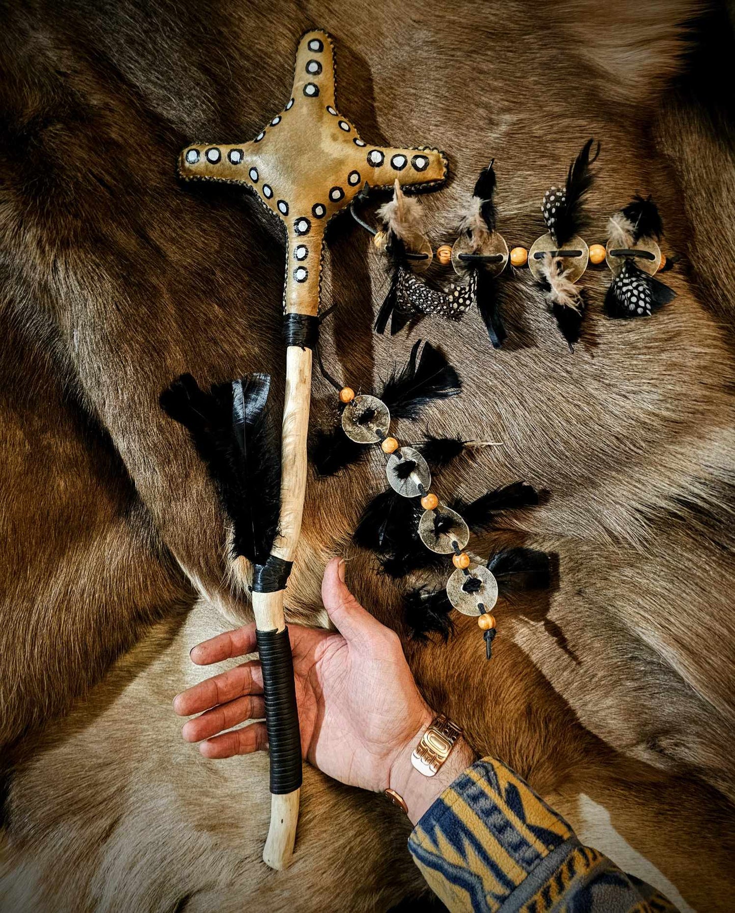 'Four Winds' Elk Skin Medicine Rattle With Spotted Guinea Feathers
