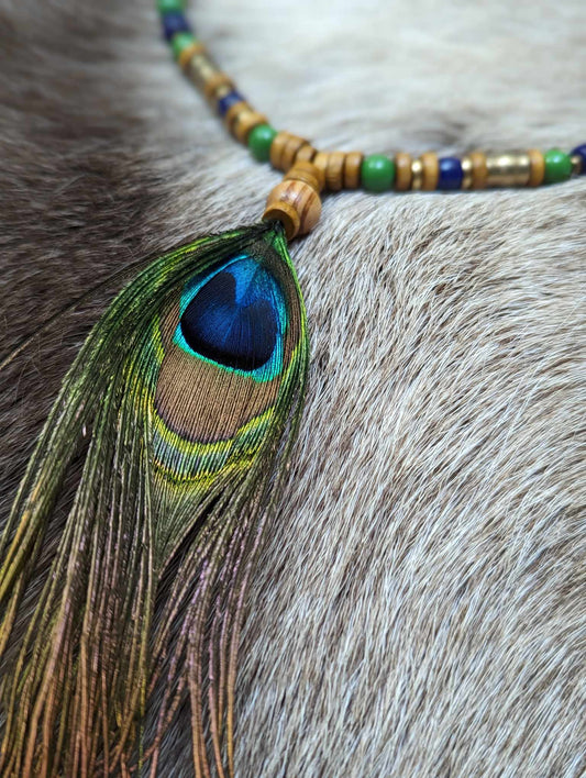 Wood, Green & Blue Glass and Metal Beaded Peacock Feather Necklace