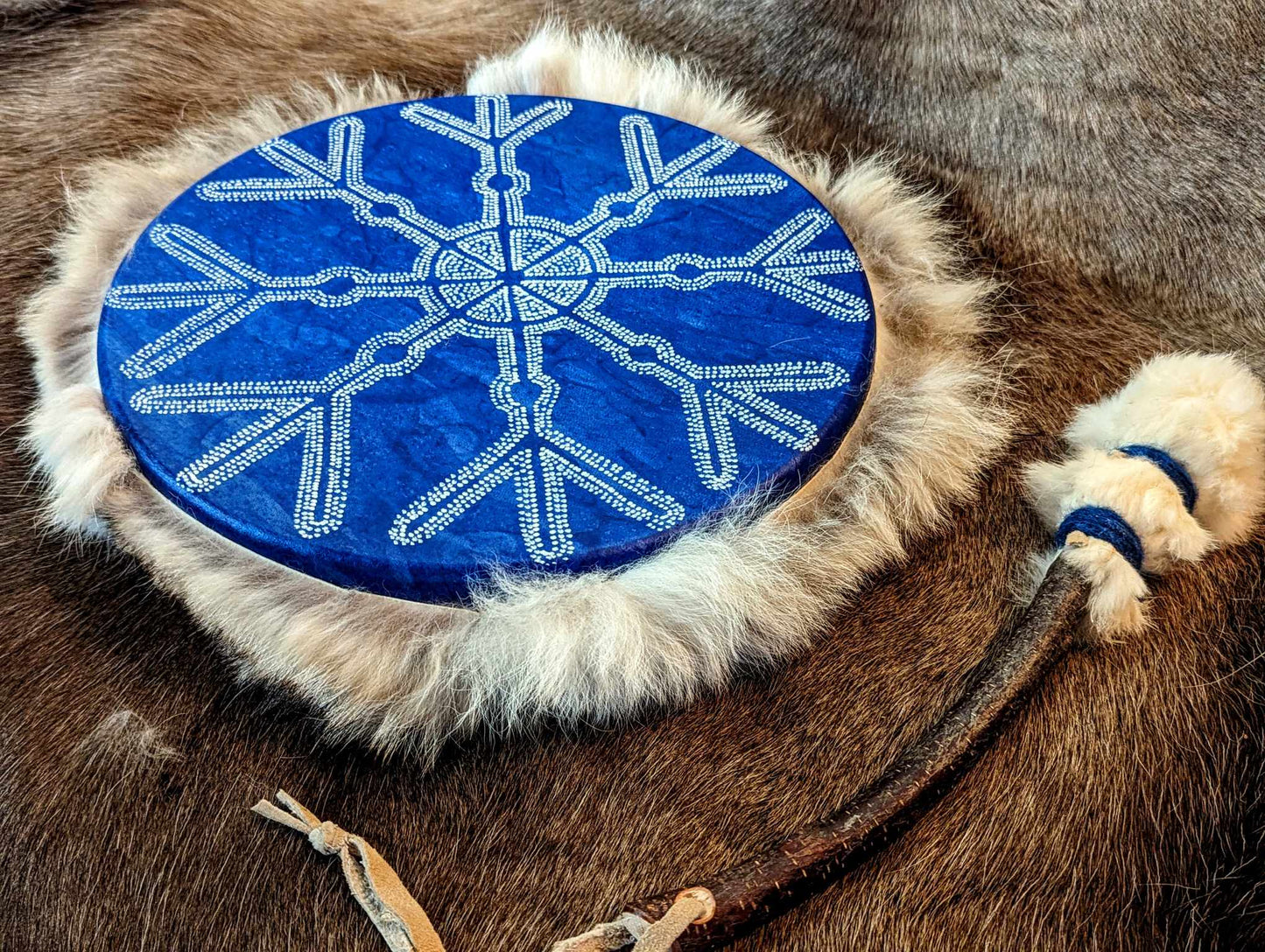 Winter's Ward 12" Deer Hide Drum | Blue Shaman Drum With Coyote Fur and Icelandic Wool