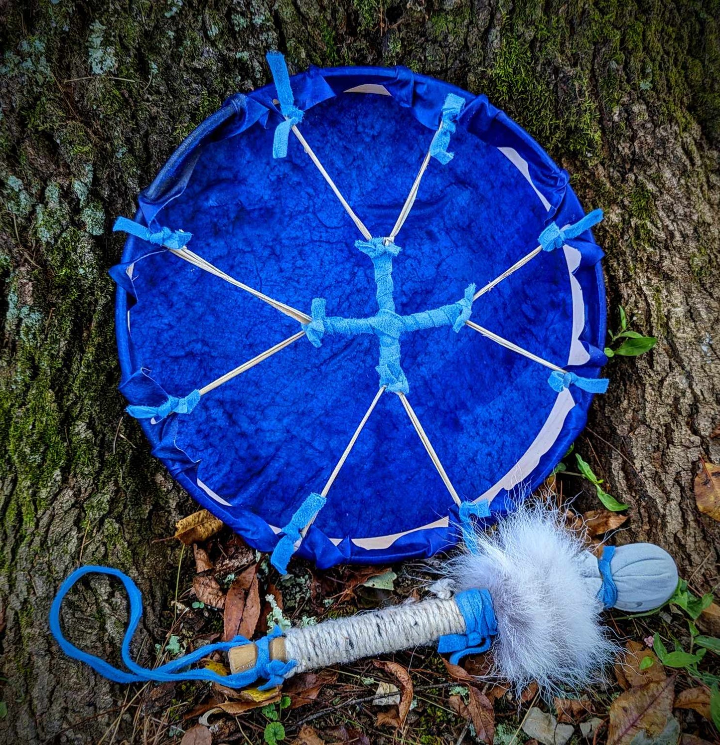 12" Deer Hide Dyed Turning Wheel Drum with Bobcat Fur Beater