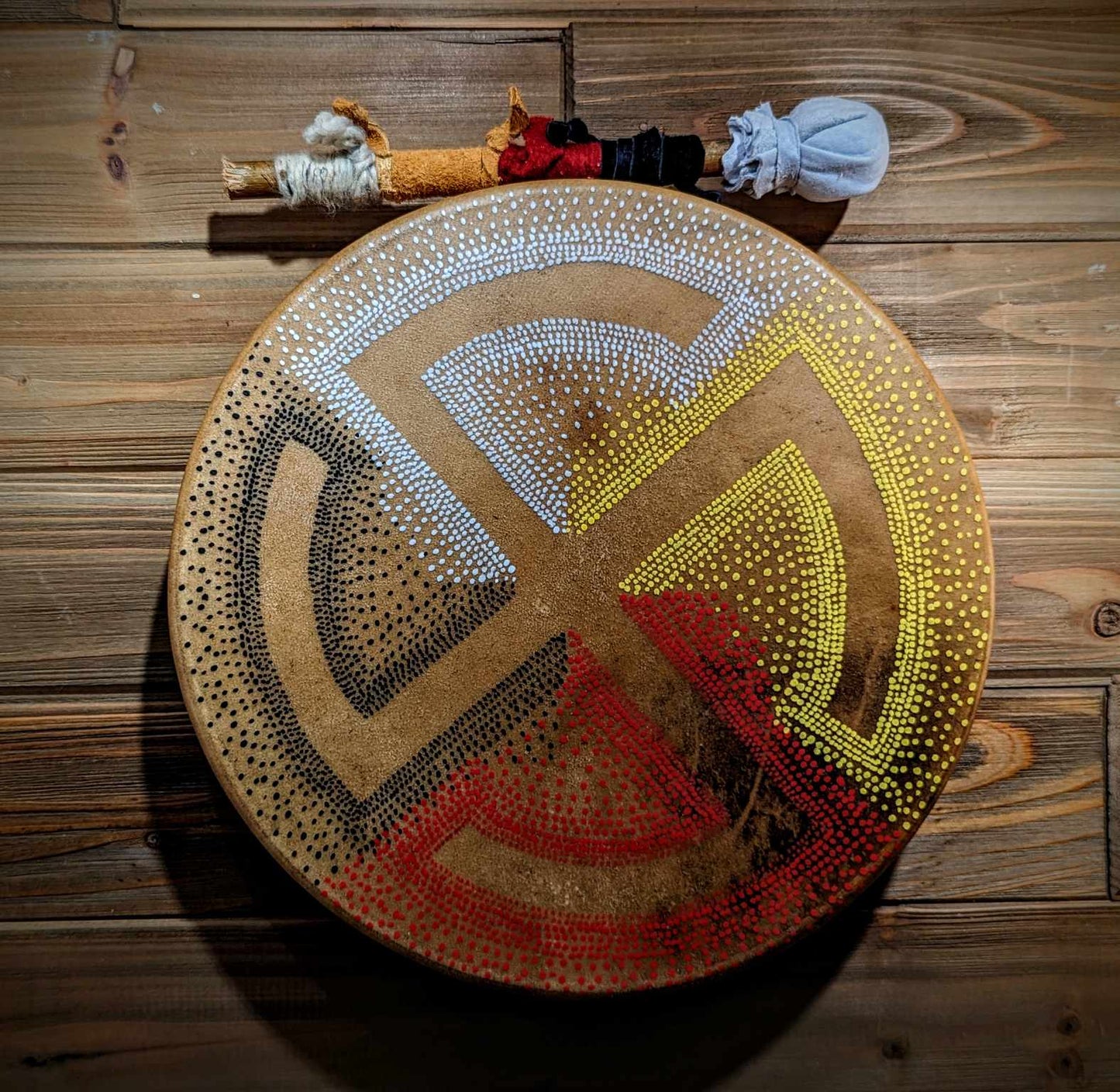Medicine Wheel Sun Cross 12" Elk Hide Drum With Alder Beater