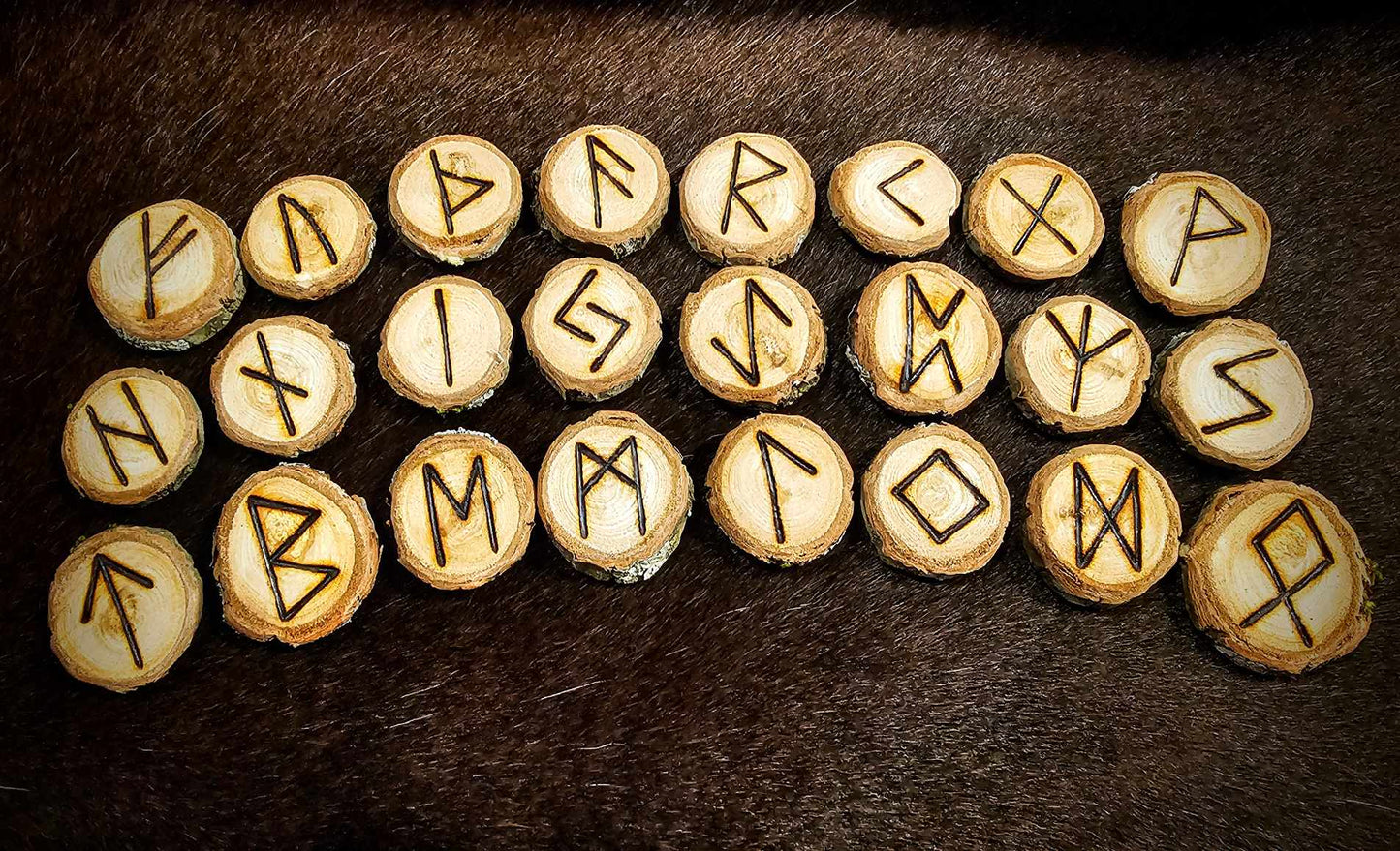 Set of 24 Chestnut Elder Futhark Runes Hand Cut and Burned Natural Wood Runes