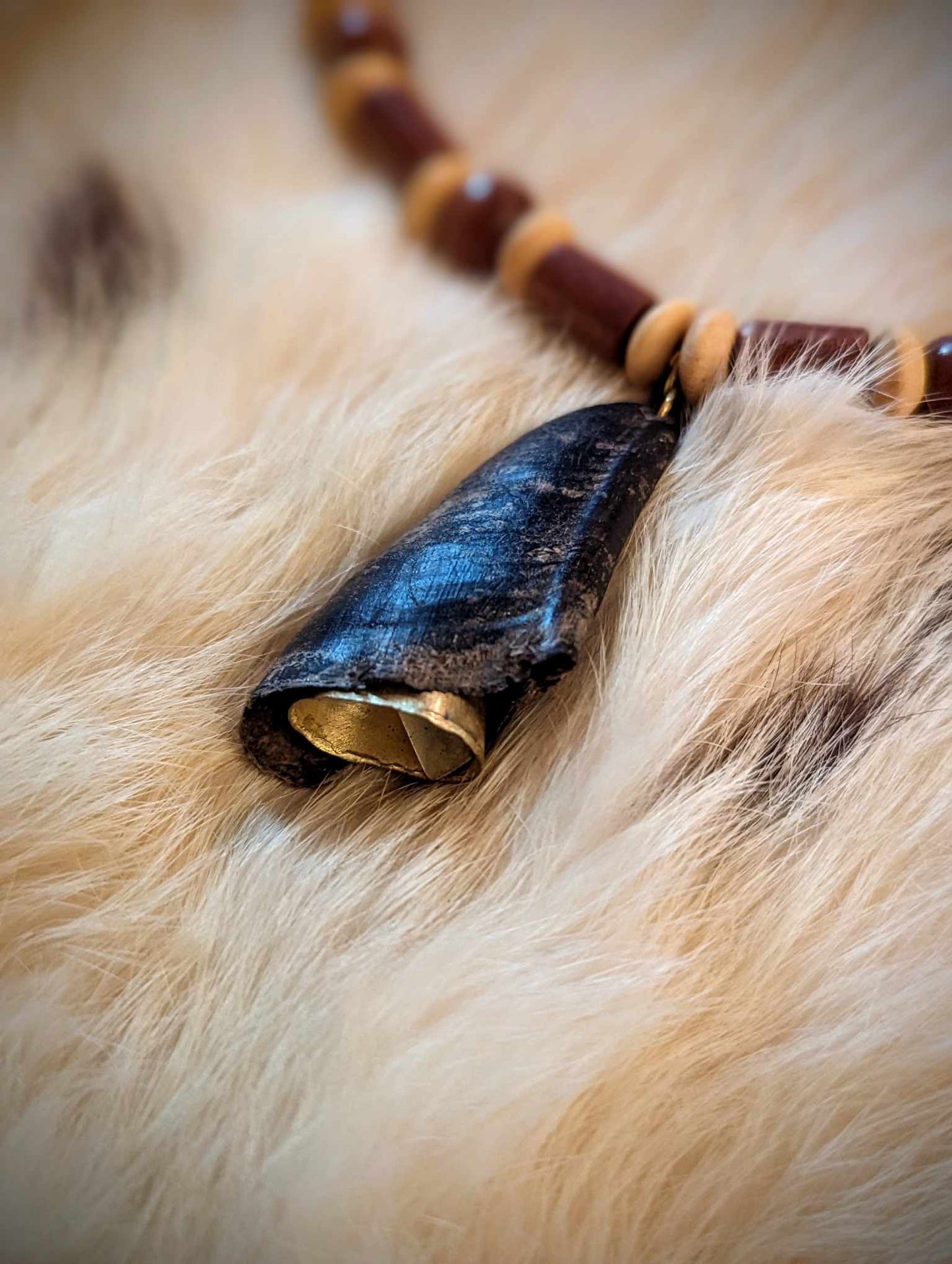 Deer Hoof and Bell Amulet with Wood Beads