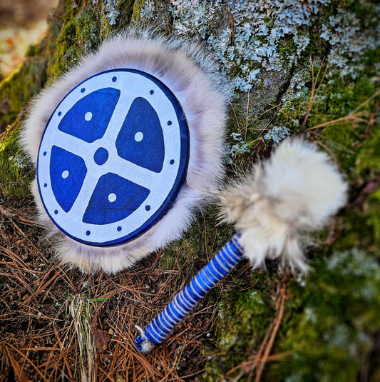 Winter Sundog Blue Deer Hide Drum With Coyote Fur and Rabbit Fur Beater