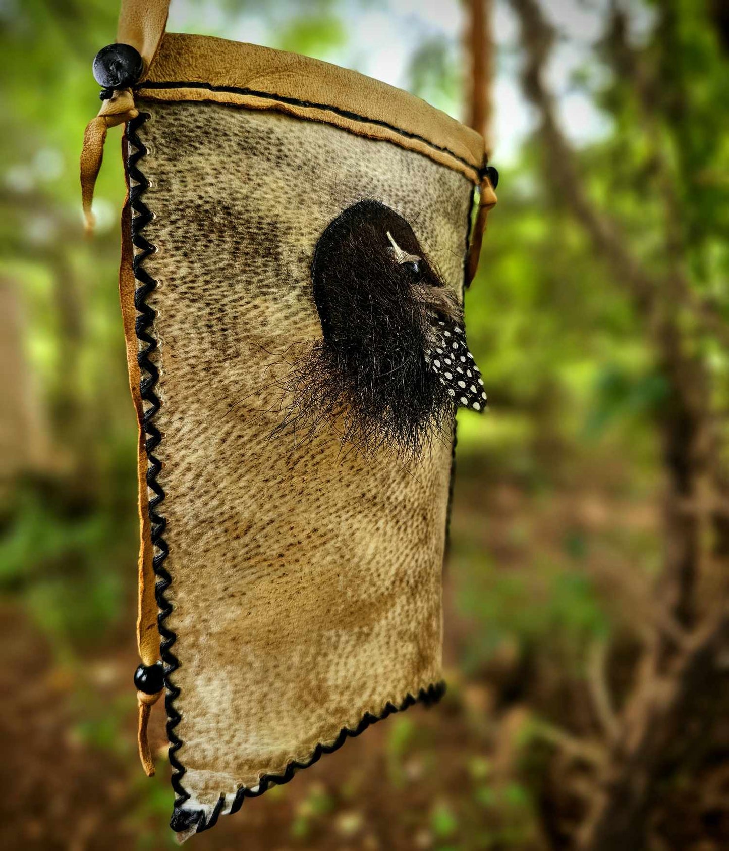 Bear Rawhide Foraging Bag With Buckskin Flap and Buffalo Horn