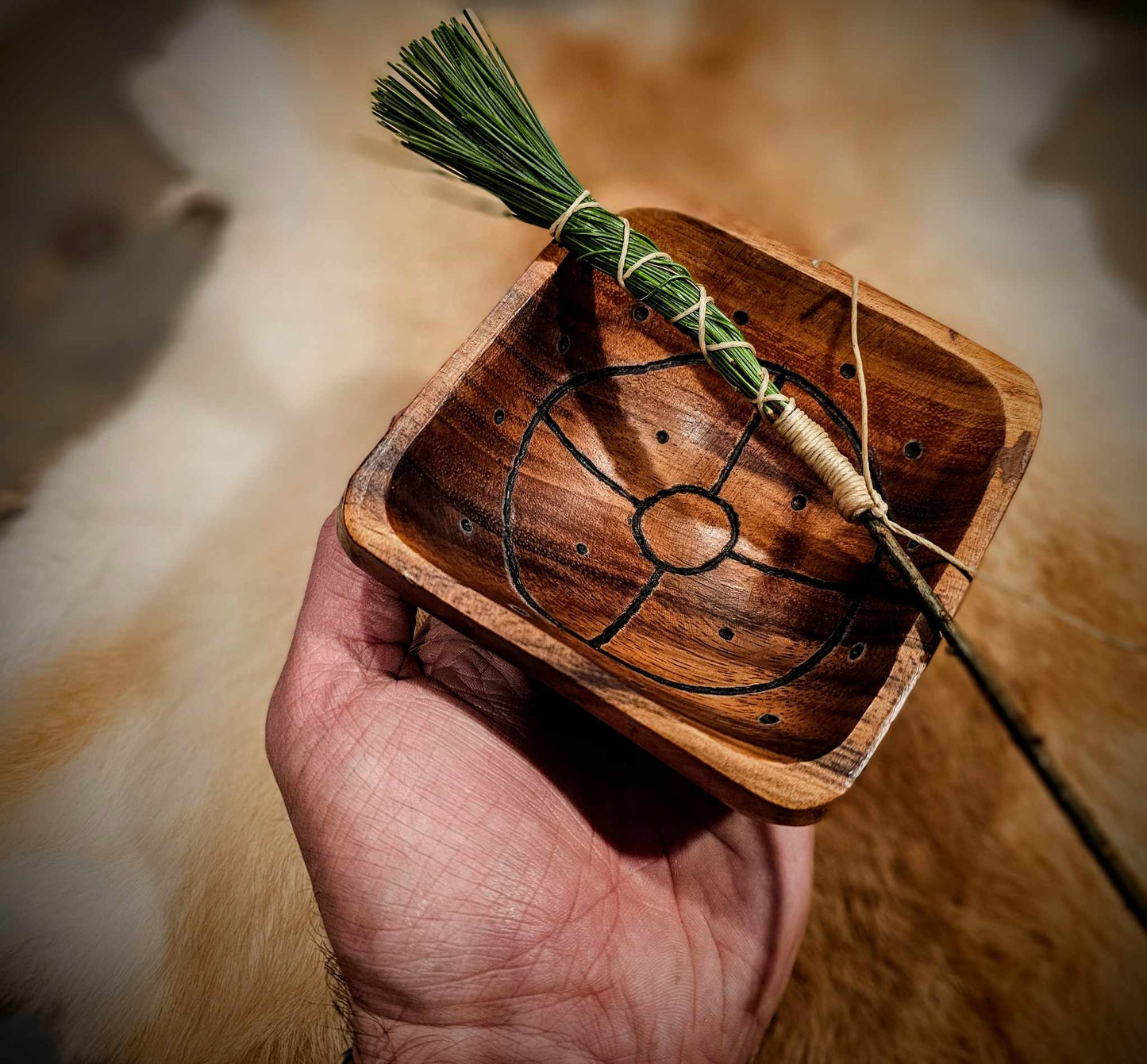 Sunwheel Wood Hand Burned Square Bowl