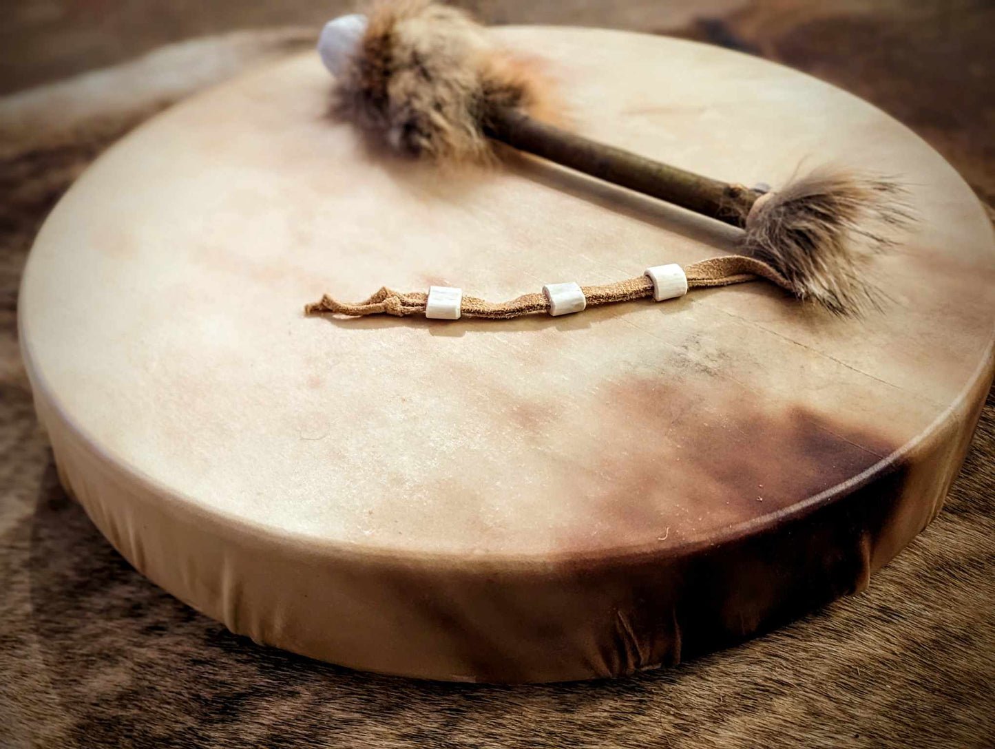 20 Inch Natural Deer Hide Drum With Coyote Fur and Deer Bone Beater