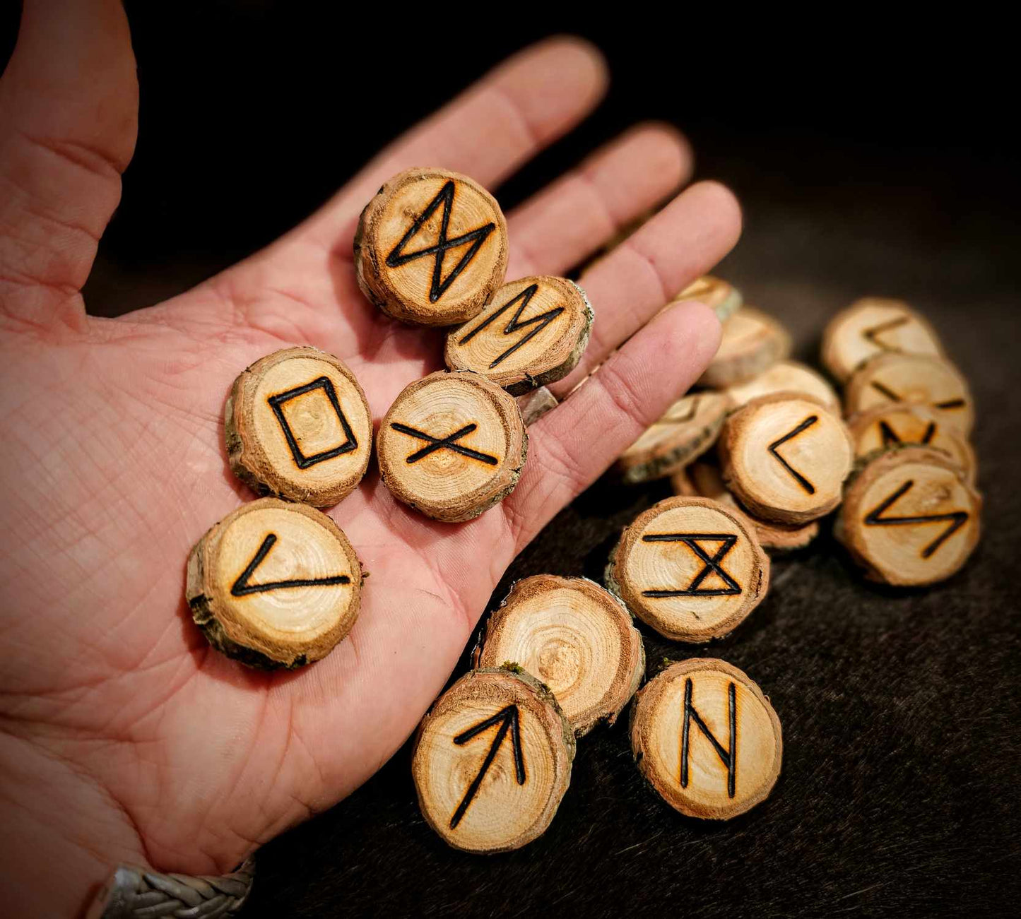 Set of 24 Chestnut Elder Futhark Runes Hand Cut and Burned Natural Wood Runes