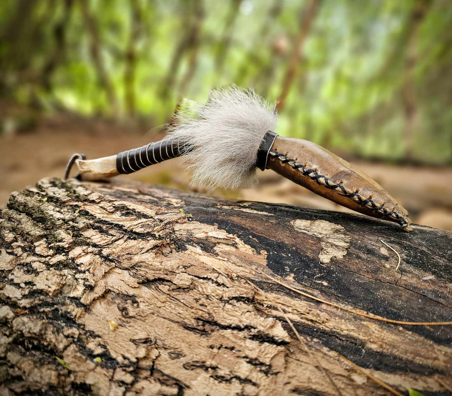 Hoof Shape Bison Hide Coyote Bone Handle Wolf Fur Rattle With Strap