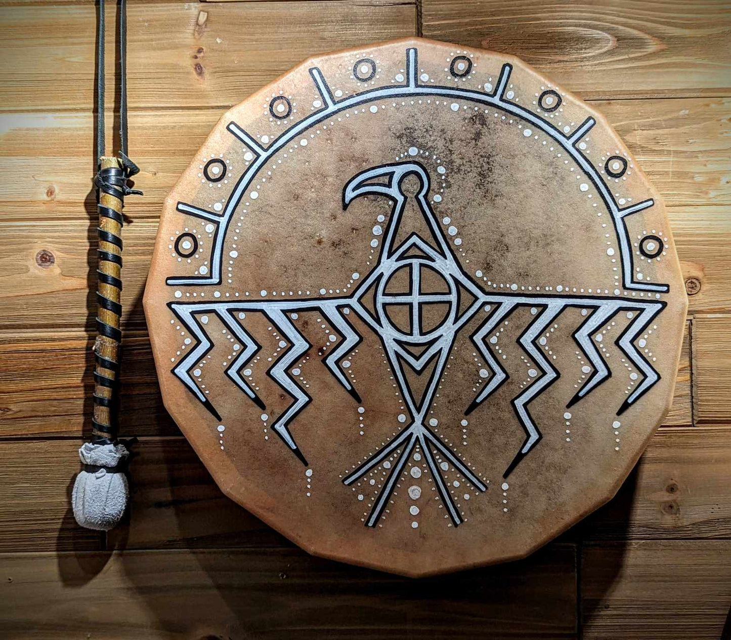 16 Sided 15" Deer Hide Thunderbird Shaman Drum With Beater