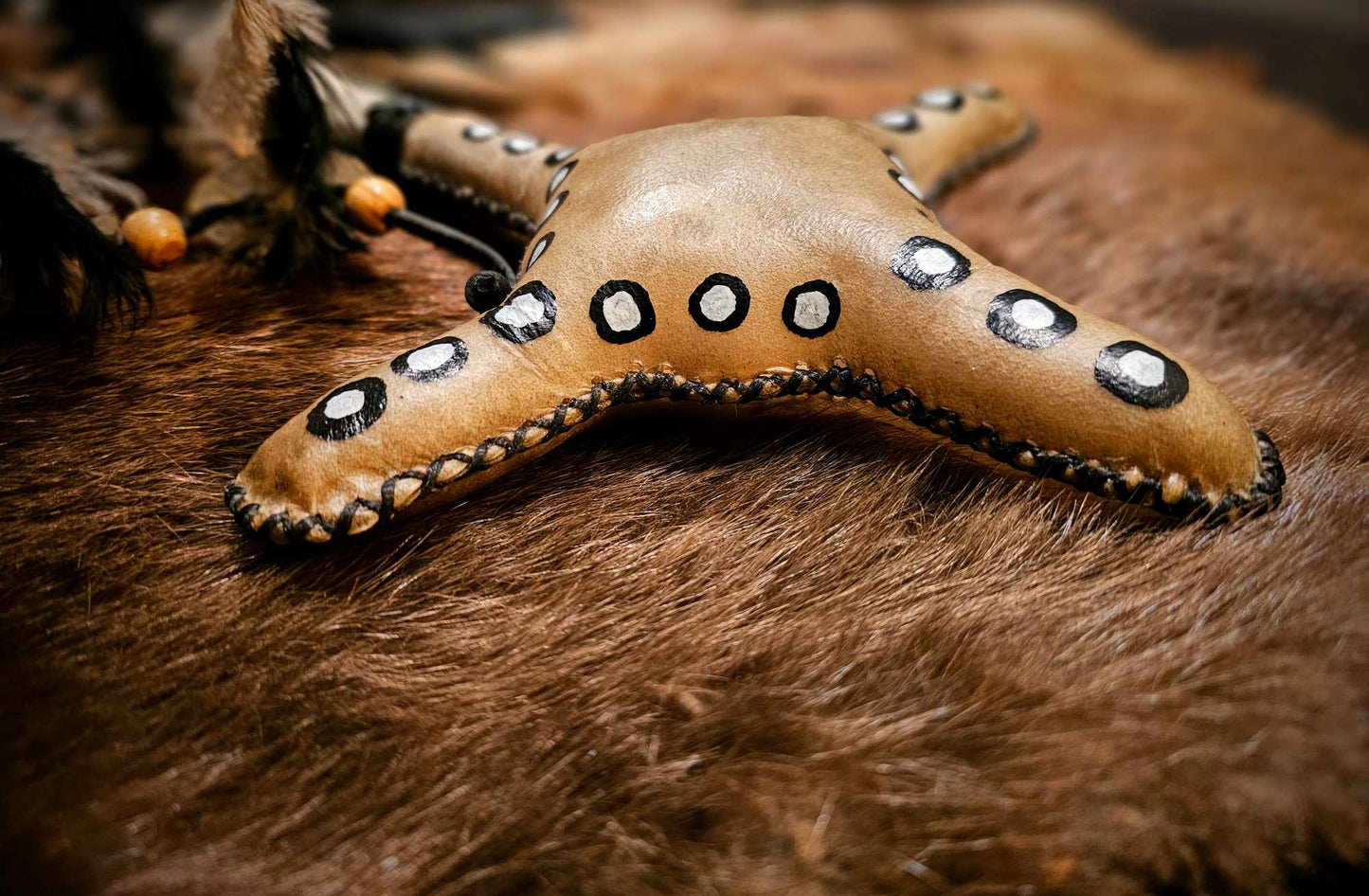 'Four Winds' Elk Skin Medicine Rattle With Spotted Guinea Feathers
